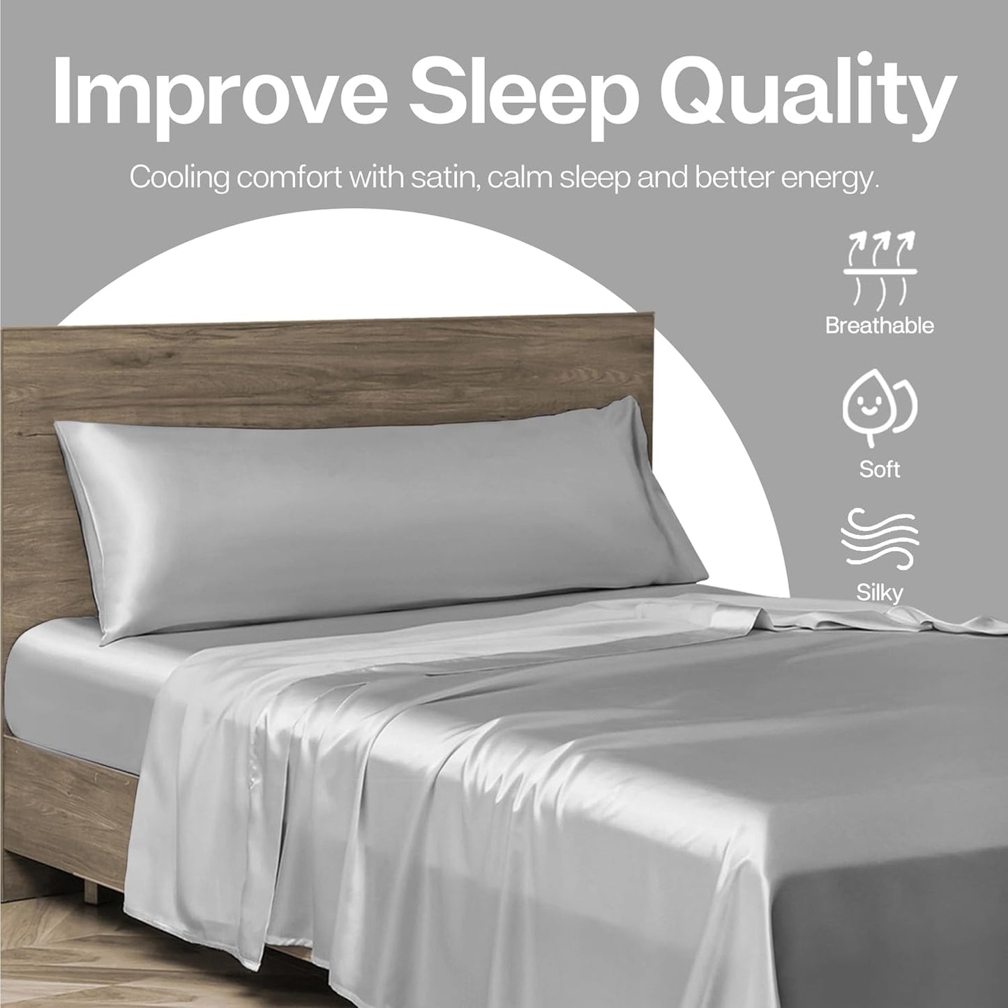 MR&HM Satin Body Pillow Cover, Soft and Breathable Body Pillow Case with Envelope Closure, Cooling and Silky Long Pillowcase for Hair and Skin,Grey (20x54, Silver Grey)