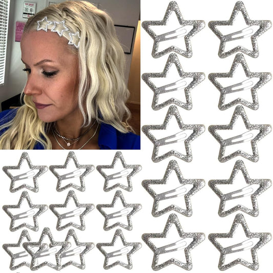 20 PCS Sparkling 1.22" and 1.65"Star Hair Clips Snap Hair Accessories Non Slip Clips for Girls Women Y2K Accessories Silver Metal Hair Clip Hair Barrettes