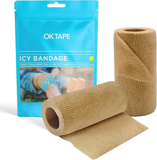 OK TAPE Ice Self Stick Bandage Wrap, Instant Cold Relief for Knee, Ankle, Wrist, Cold Compress Elastic Athletic Tape for Sports Injuries, No Refrigeration Needed, 4 Inch x 15 Feet, 2 Rolls, Beige