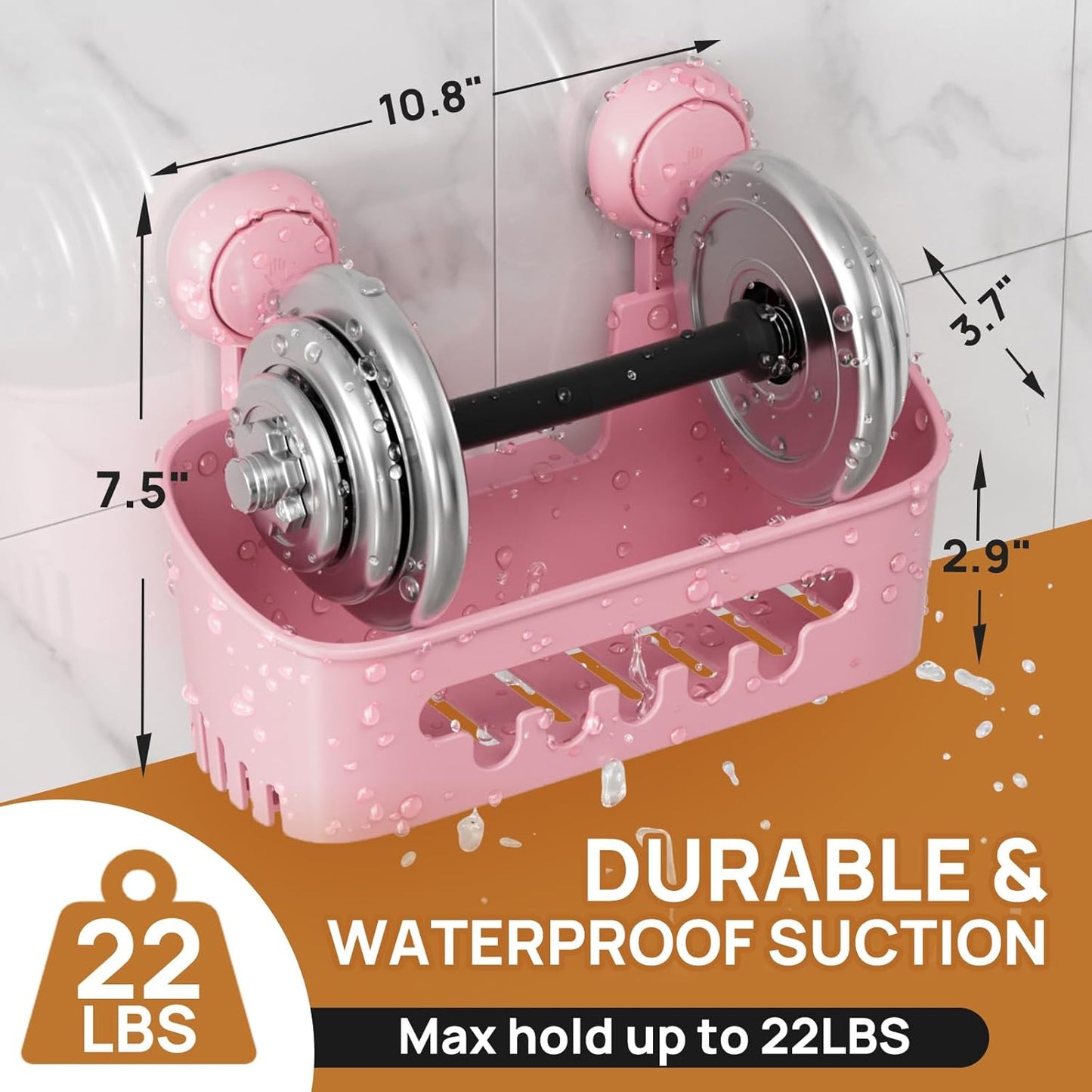 LEVERLOC Shower Caddy Suction Cup, Shower Organizer Removable Bathroom Shelf, Storage Suction Powerful Max Hold 22lbs Bathroom Caddy Waterproof Holder, Pink