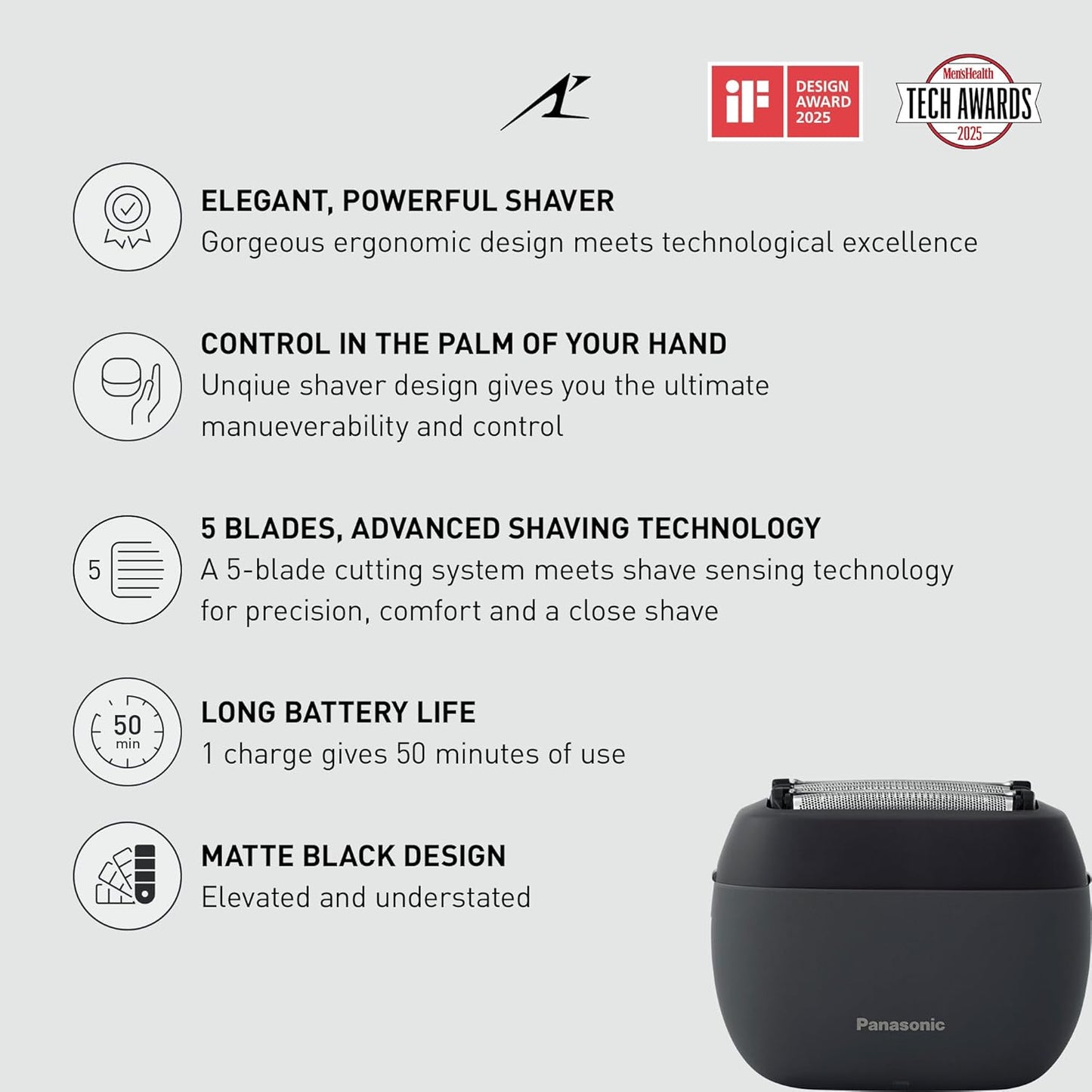Panasonic ARC5 Palm-Sized Electric Razor, Handheld Luxury Compact Travel Shaver with 5-Blade Cutting System and USB-C Charging, Wet/Dry - ES-PV3A-K