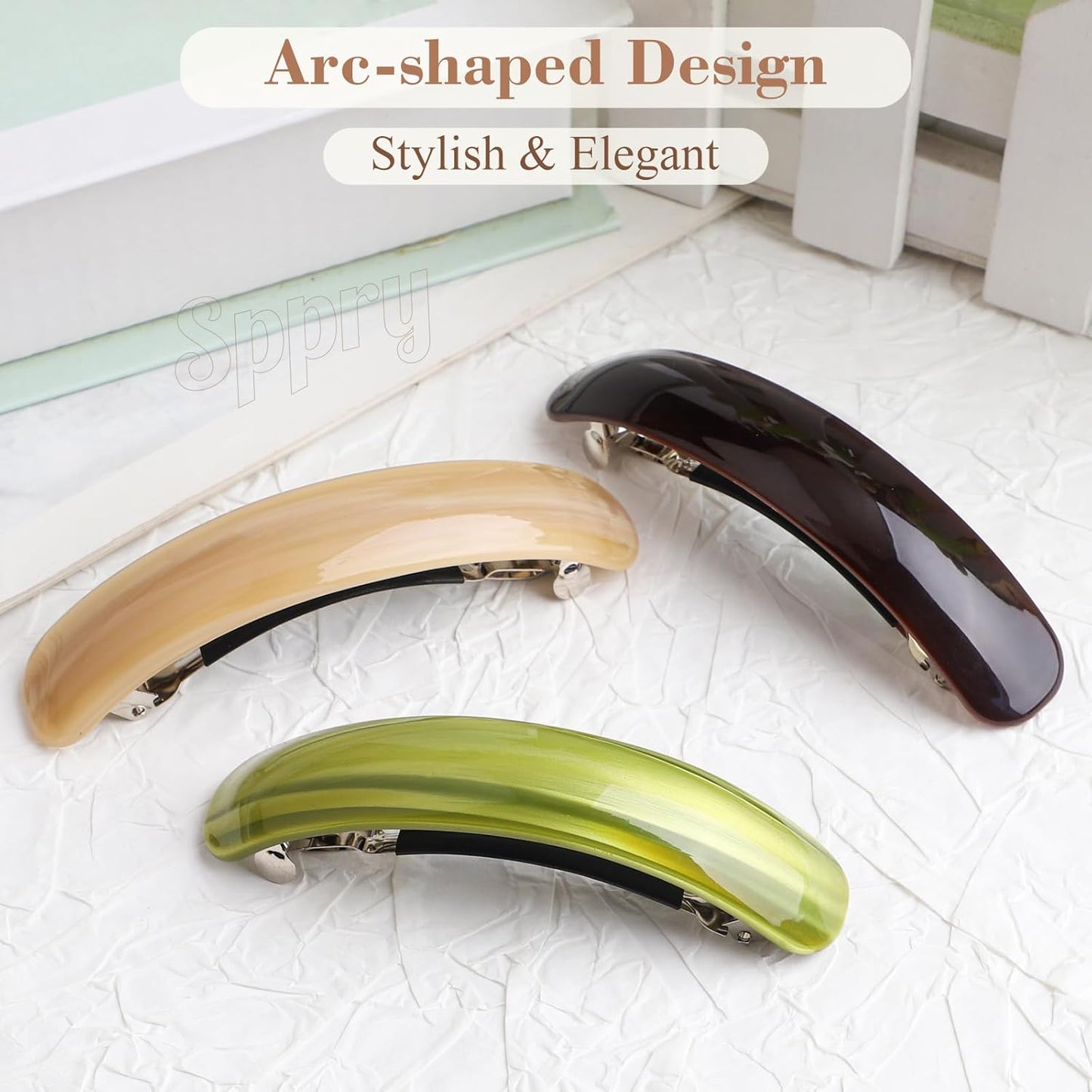 French Large Arc-shaped Adjustable Hair Clip Barrette for Women, Automatic Clasp (Set of 3)