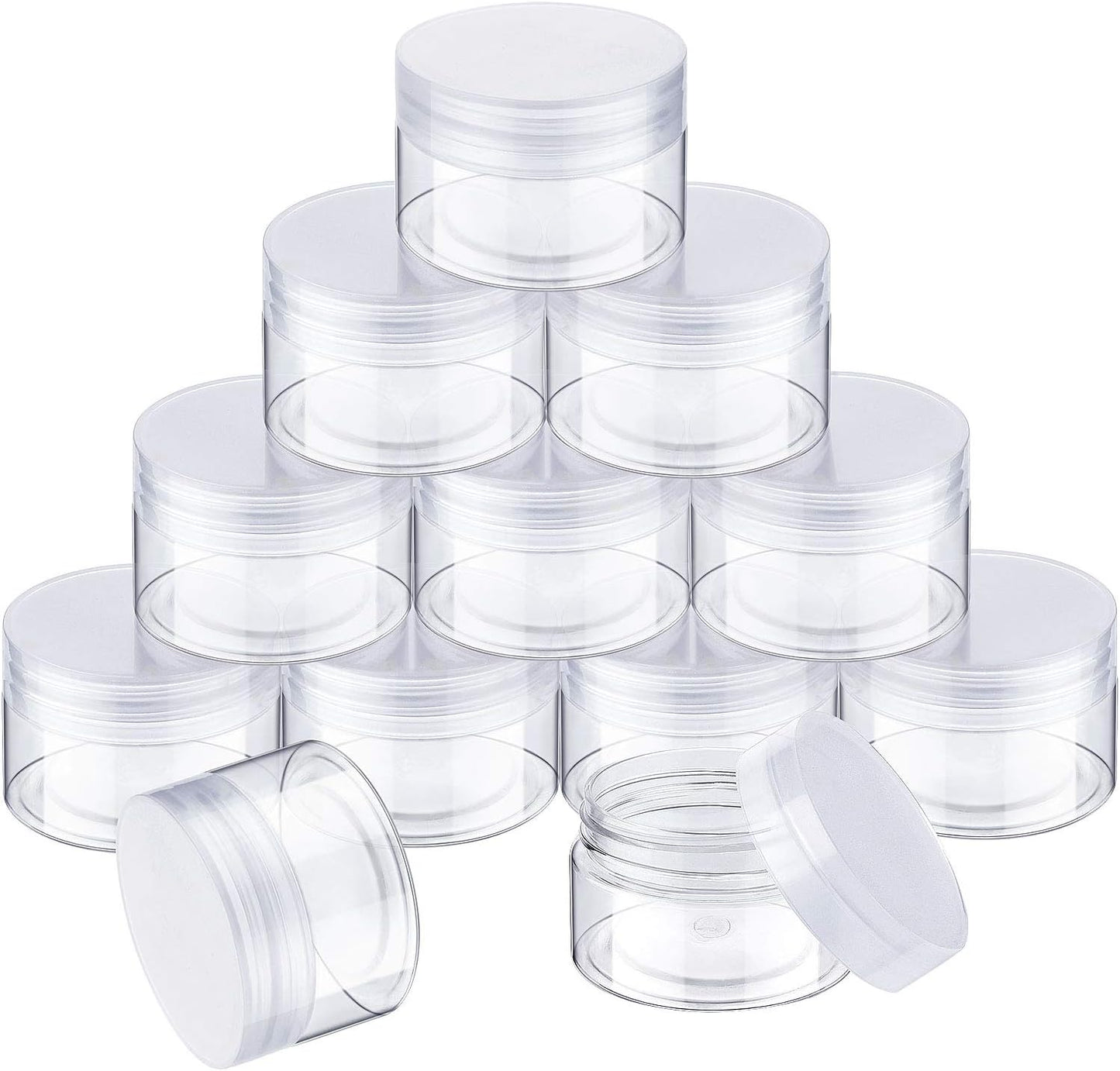 12 Pack 1 oz Plastic Container Jars with Lids Round Clear Travel Cosmetic Container Jars for Toiletries, Lotion, Cream, Ointments, Makeup, Rhinestone, Samples, Kitchen Storage (Clear)
