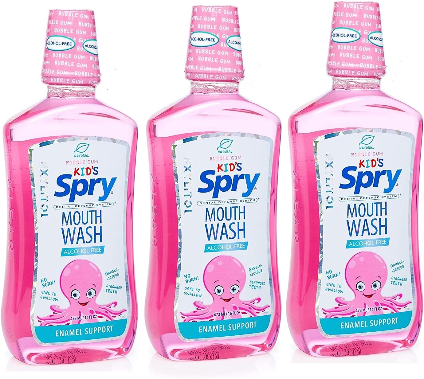 Spry Natural Xylitol Mouthwash Fluoride Free with Enamel Support, Alcohol-Free, Gentle, Non-GMO, Bubble Gum - 16 fl oz (Pack of 3)