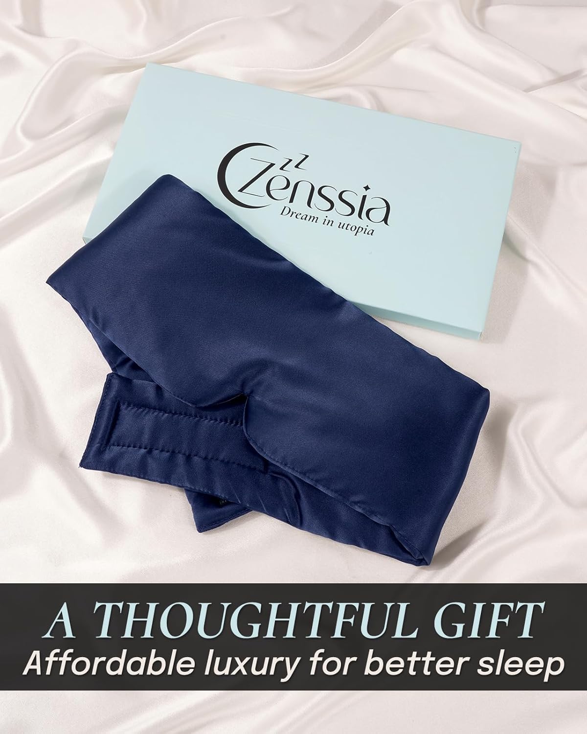 Zenssia Satin Sleep Mask for Women and Men, Lightweight Padded Eye Mask with Adjustable Strap, Comfort Blackout for Travel and Nap - Navy Blue