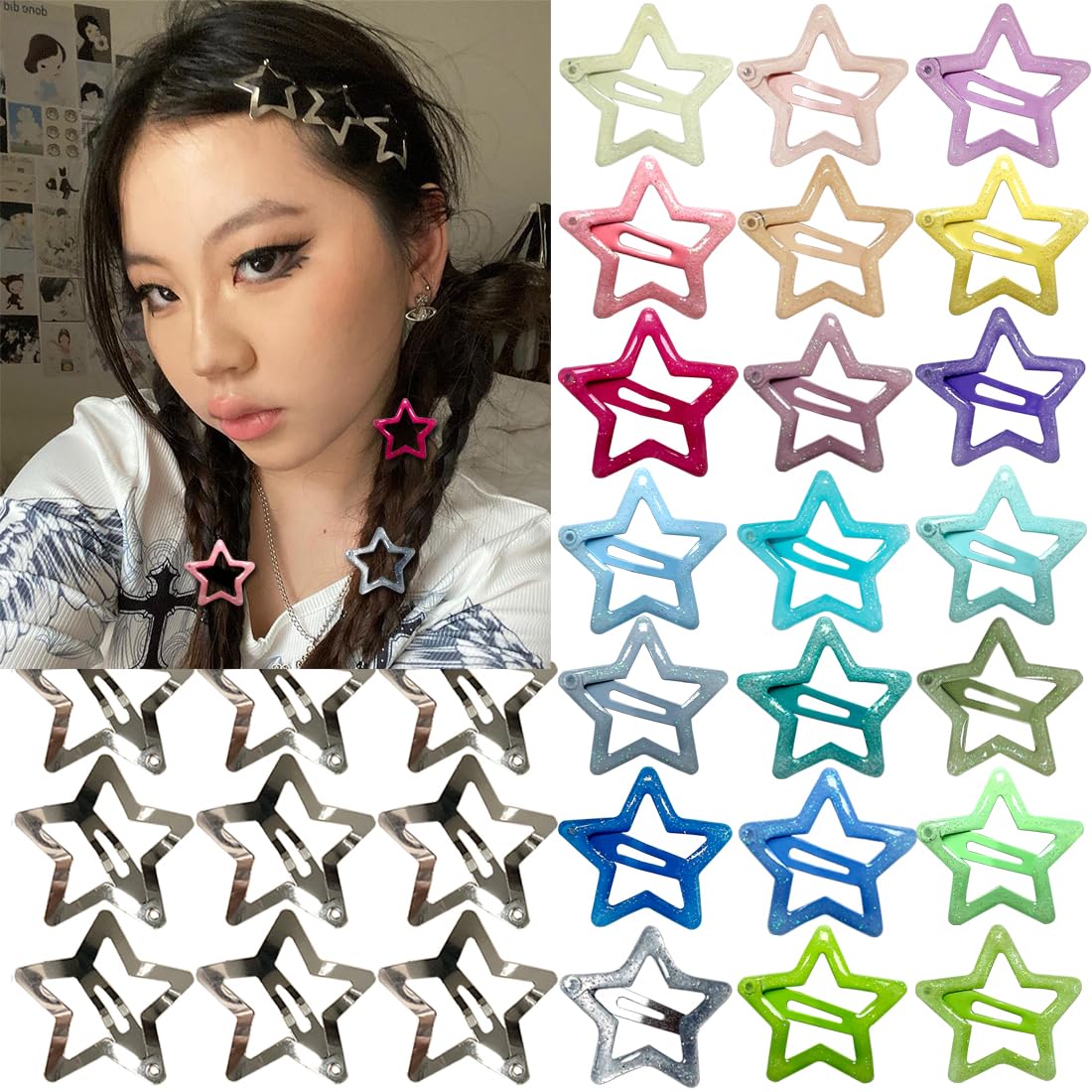 30 PCS 1.22" Sparkling Stars Hair Clips Snap Non Slip Clips for Girls Women Multicolor Metal Clip Star Hair Barrettes Star Hair Clips for Women