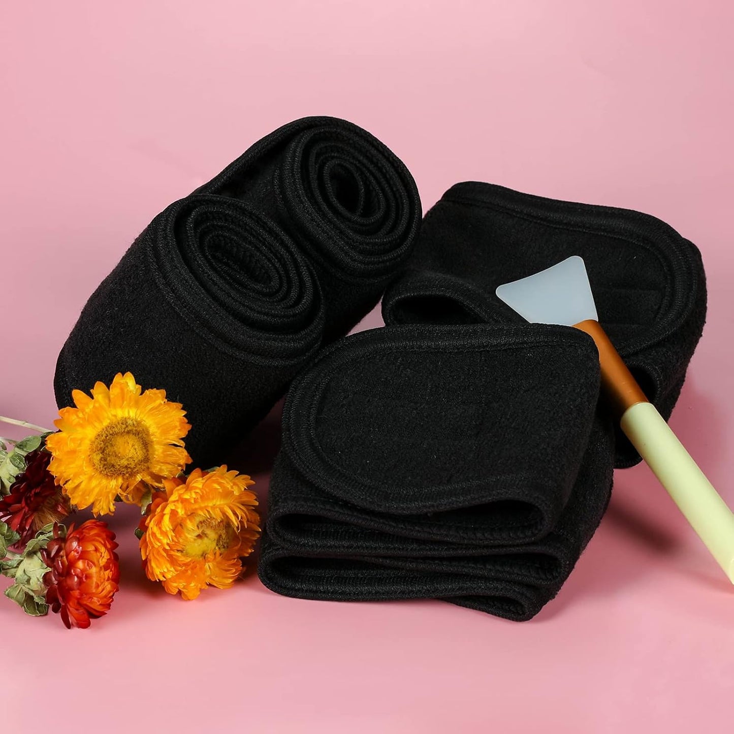 Facial Spa Headbands 4PCS, Makeup Shower Bath Wrap Sport Headband Terry Cloth Stretch Towel with Magic Tape (Black)