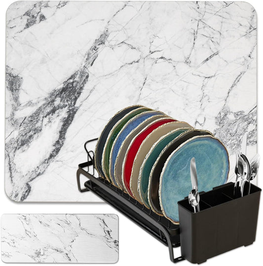 AquaTerra Diatomaceous Earth Drying Mat with Matching Sponge Caddy & Dish Rack | 3-Piece Set (White Marble, Large) | Heat-Resistant & Multi-Purpose for Drying and Kitchen Organization