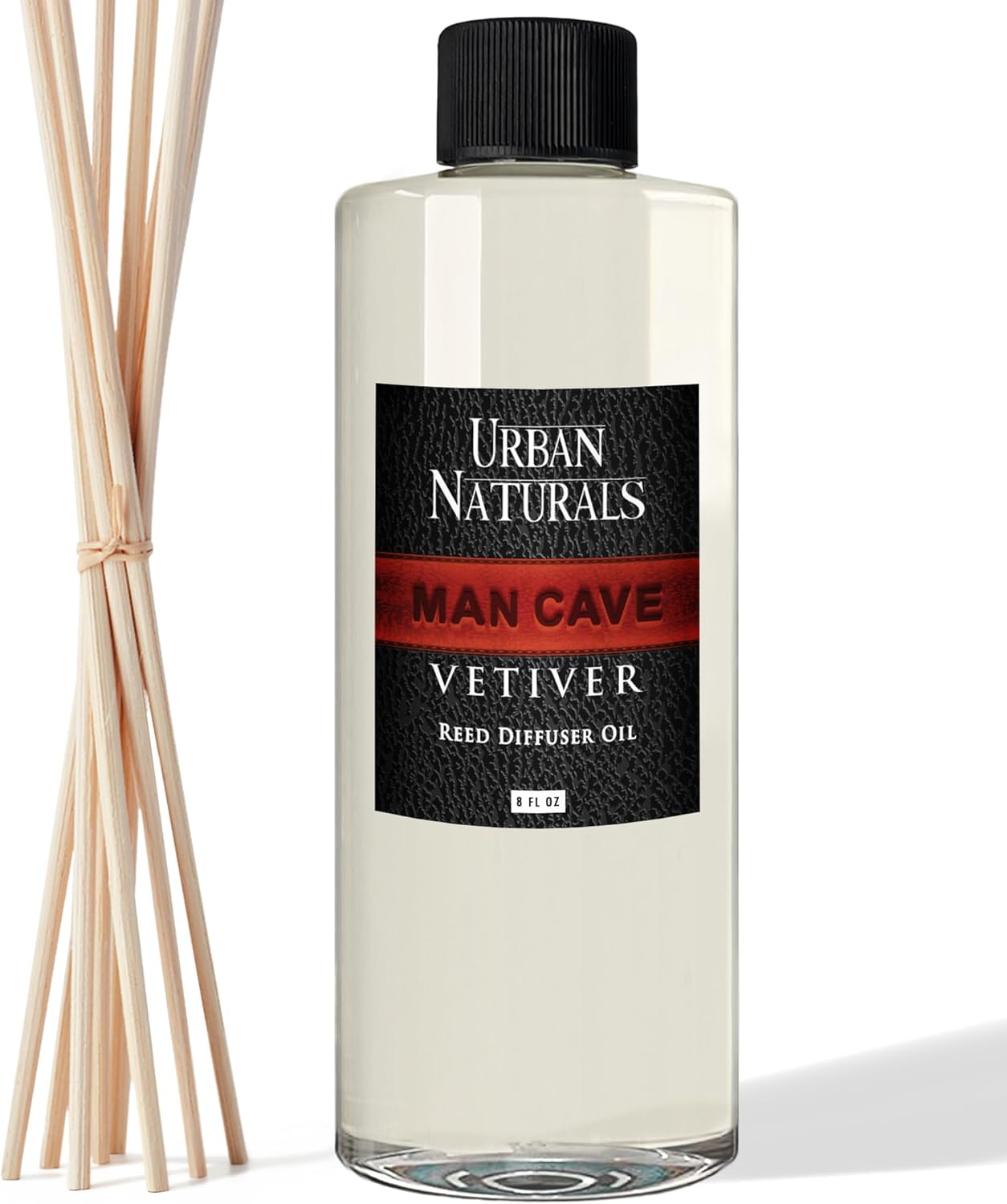 Urban Naturals Reed Diffuser Oil Refill Man Cave Vetiver with Oud, Amber, Frankincense 8 oz + Free Reed Sticks, Made in The USA