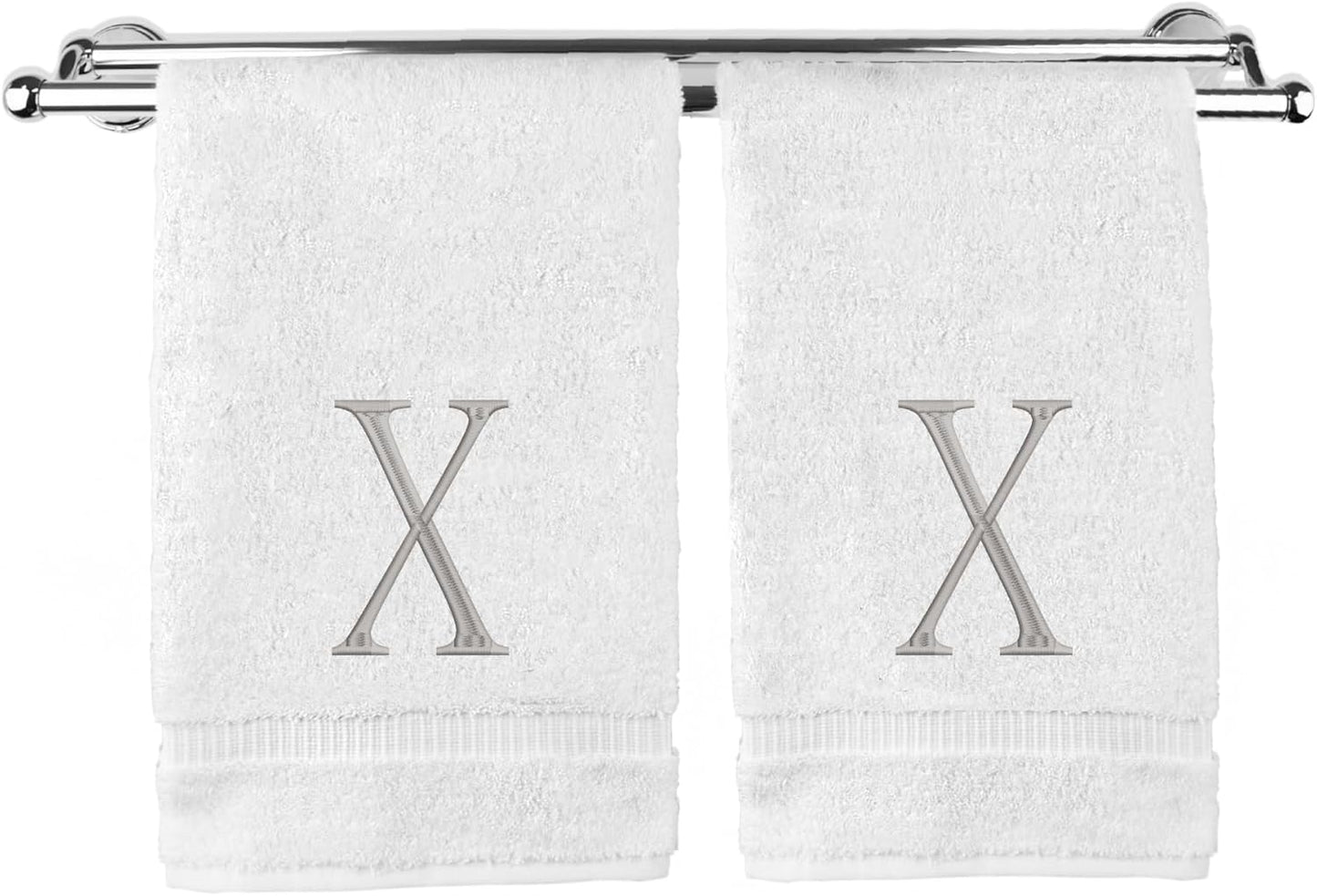 Monogrammed Hand Towel, Personalized Initial Gift, Extra Absorbent 100% Turkish Cotton - Soft Terry Finish - Set of 2 - Silver Block Initial X - Embroidered on White Towels