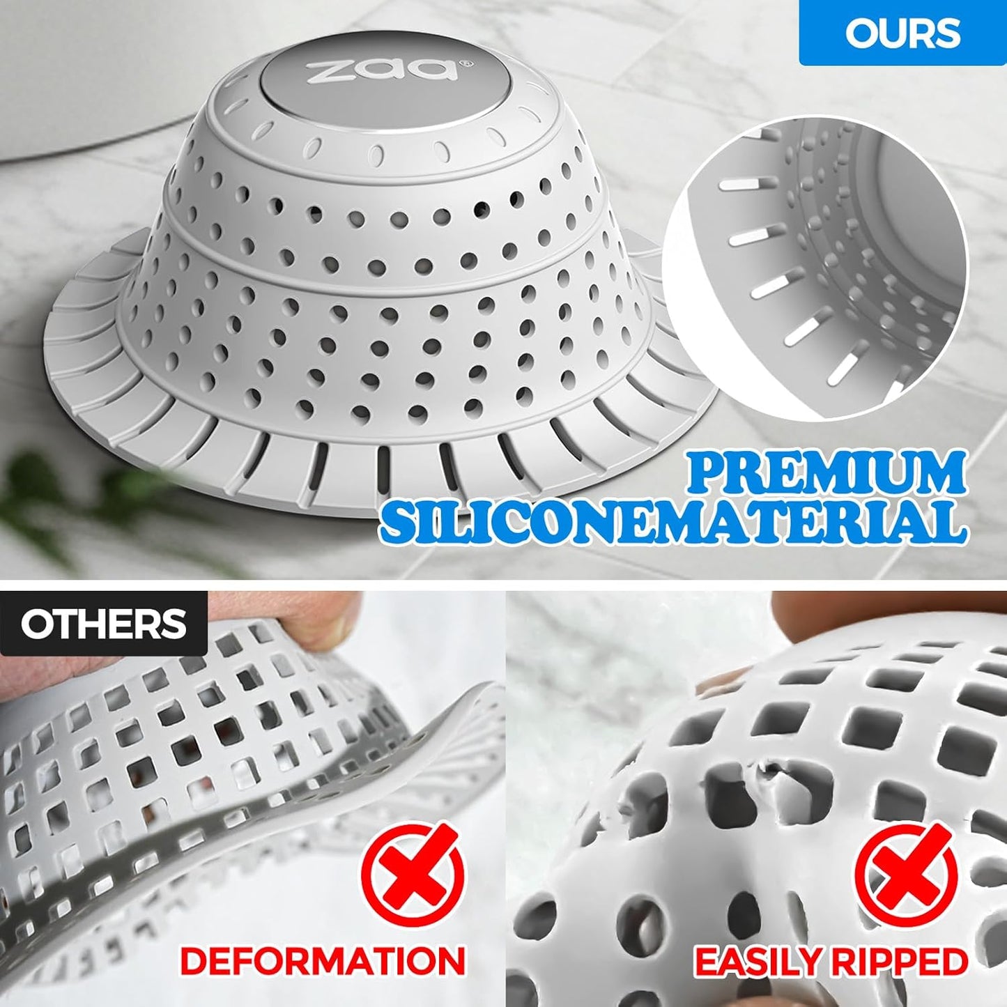 zaa Bathtub Drain Hair Catcher, Premium Silicone Collapsible 1 Pack Drain Protector for Pop-Up and Regular Drains of Shower, Tub, Bathroom, Sink, Light Gray