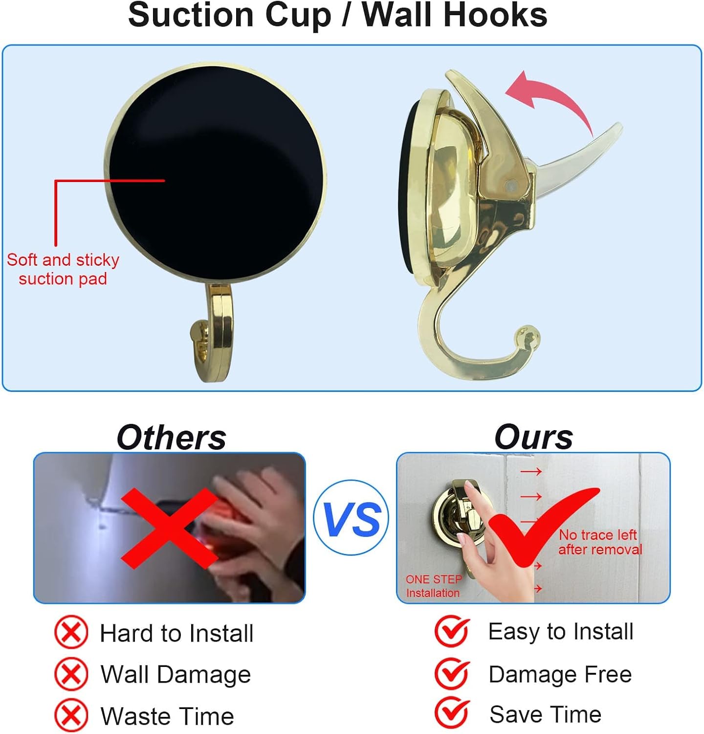 Heavy Duty Vacuum Suction Shower Hooks Glass Suction Cup Bathroom Robe Hooks, Reusable, No Hole Punched, for Garland Decoration (Gold, 6 Pack)