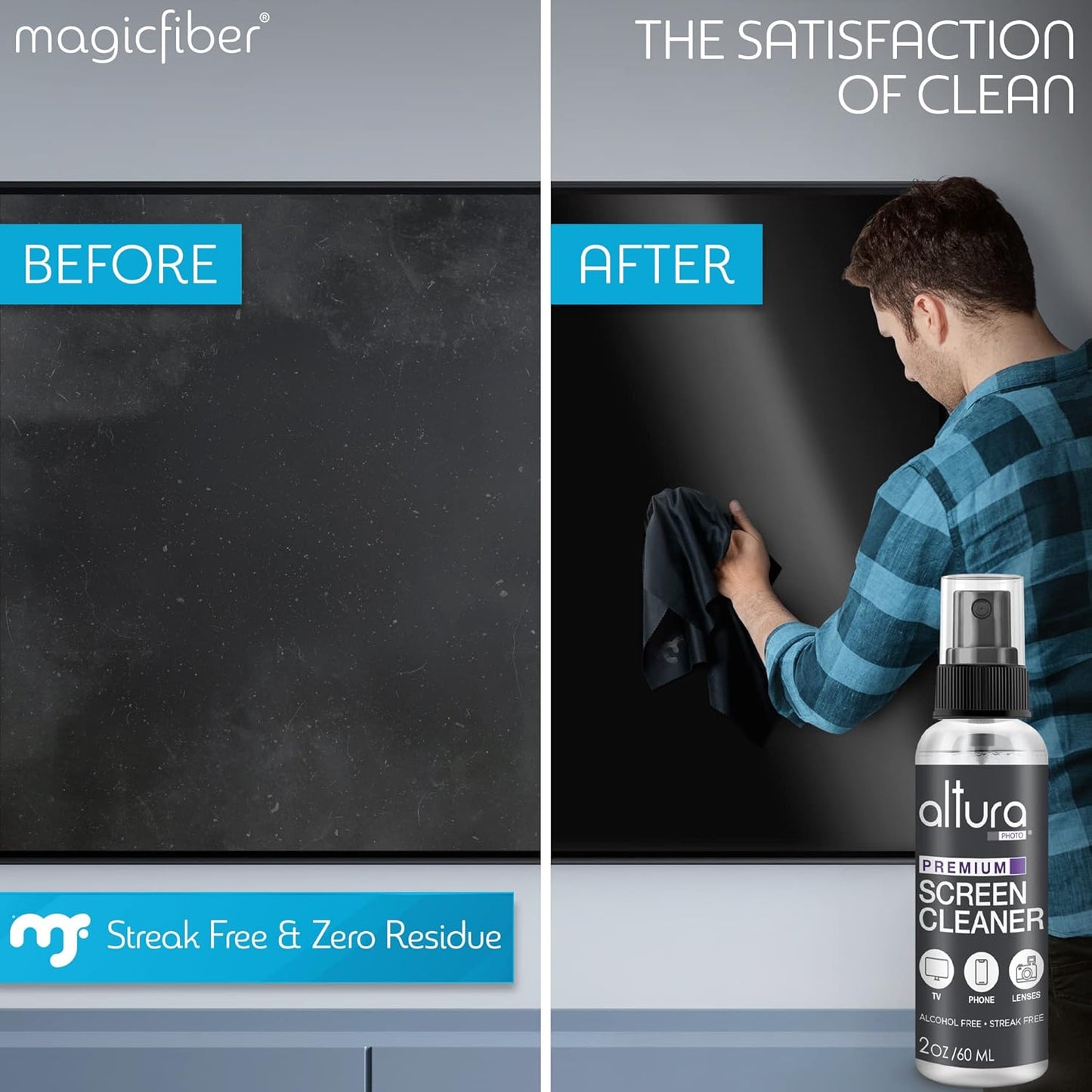 Screen Cleaner Spray & Wipe Kit (Streak & Scratch Free) Computer Screen Cleaner + 2 Microfiber Cleaning Cloths Cleaning Kit LCD LED OLED Touchscreen Flat Smart TV Monitor Laptop Electronics Car 2oz