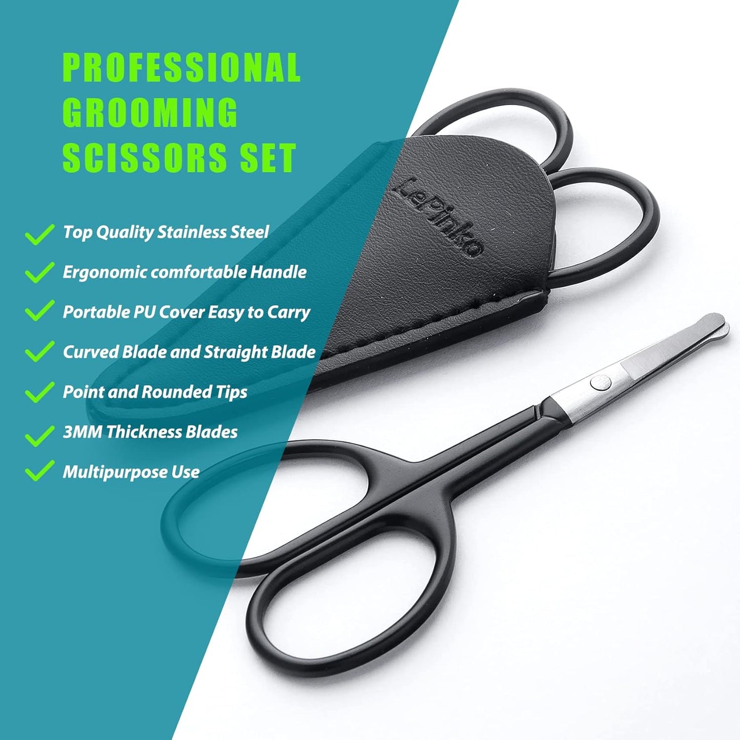 Facial Hair Small Grooming Scissors For Men Women - Eyebrow, Nose Hair, Mustache, Beard, Eyelashes, Ear Trimming Kit - Curved and Rounded Safety Tip Clippers For Hair Cutting 2PCS With Cover Black