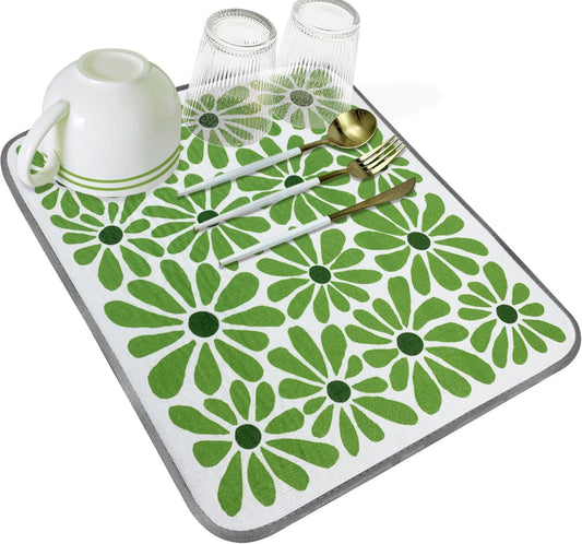 SHIYUE Dish Drying Mat for Kitchen Counter Super Absorbent Spring Kitchen Decor Microfiber Drying Matainers Rack Fast Pad Dish Drainer Mats(Cute Green Flower,16''x18'')