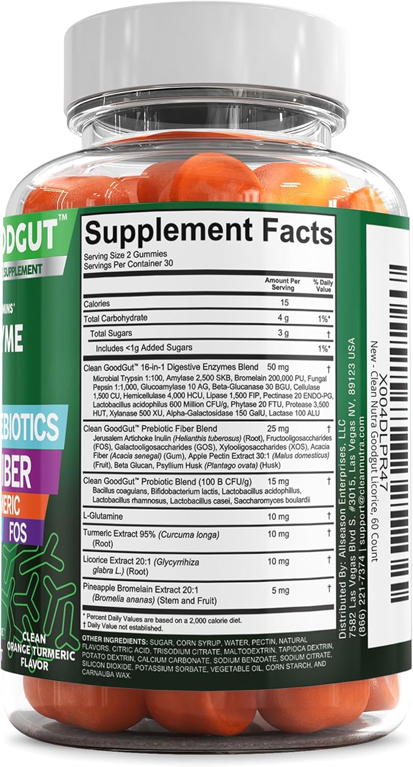 Clean Nutraceuticals Digestive Enzymes with Probiotics & Prebiotics for Digestive Health Gummies & L-Glutamine for Gut Health Bromelain Apple Pectin Inulin FOS Plant Based Vegan Gummy Vitamins