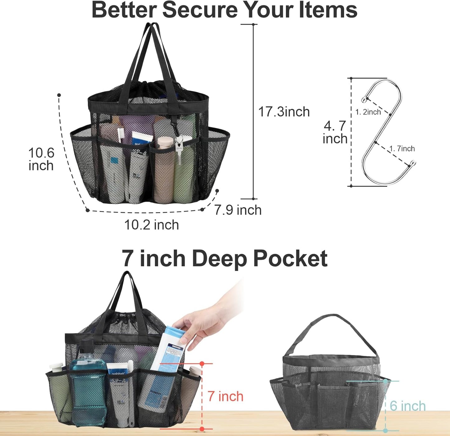 F-color Mesh Shower Caddy Portable with Drawstring - Upgrade Deeper 7 Pockets Dorm Room Essentials for Guys Girls with S Hook, Shower Bag Basket Tote for College Camping Bathroom, 2 Pack Black