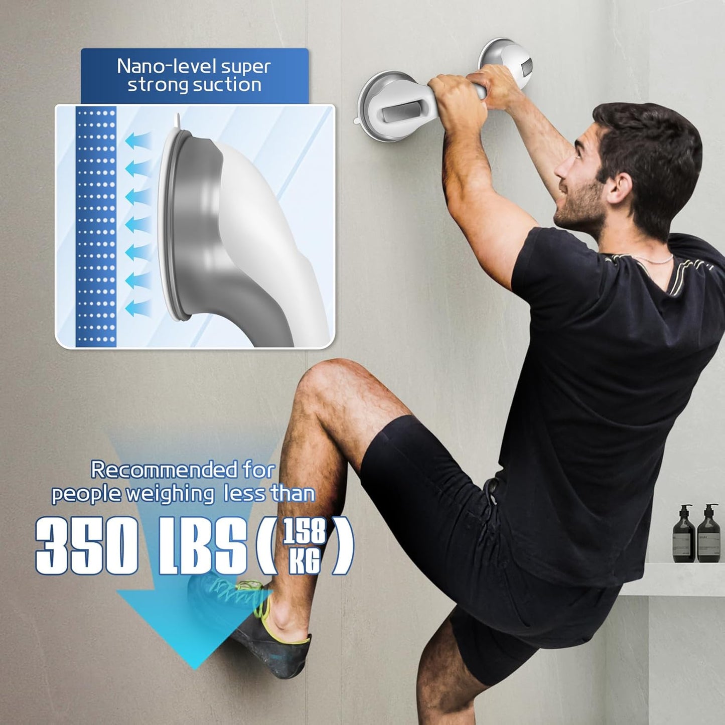 Grab Bars for Bathtubs and Showers, 2 Pack Shower Handles for Elderly with Strong Suction, 12 Inch Bathroom Shower Safety Bars for Seniors and Disabled for Wall