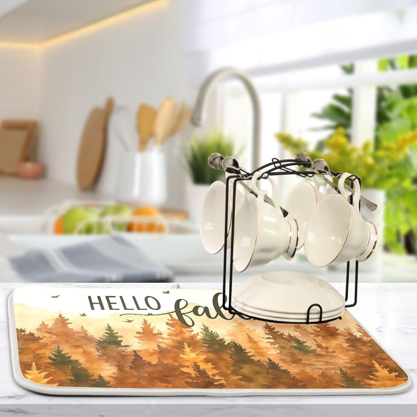 Hello Fall Forest Dish Drying Mat for Kitchen Countertop 18x24 Autumn Pine Tree Large Drying Mat Reusable Quick Dry Dish Sink Mats Easy Clean Decorative Essentials