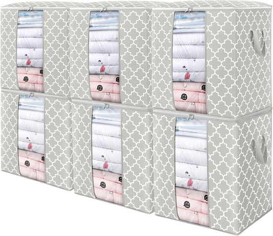 WISELIFE Storage Bags 6 Pack/100L Large Blanket Clothes Organization and Storage Containers for Comforters,Bedding, Foldable Organizer with Reinforced Handle, Clear Window, Sturdy Zippers,Lvory
