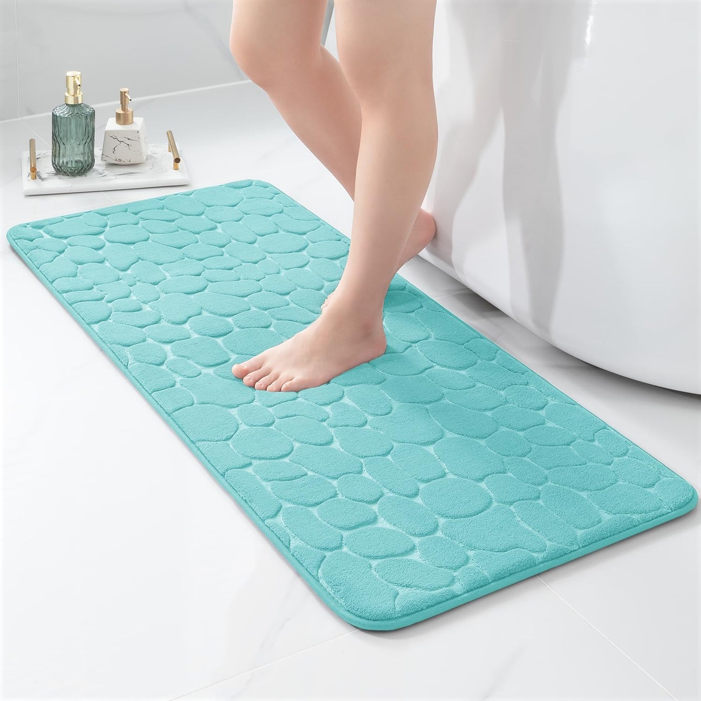 YIHOUSE Memory Foam Runner Rug, Cobblestone Bathroom Runner Rugs Super Water Absorbent Bath Mats for Bathroom Machine Washable Bath Rugs Runner for Hallway Bedroom Laundry Room(20 x 47,Teal)