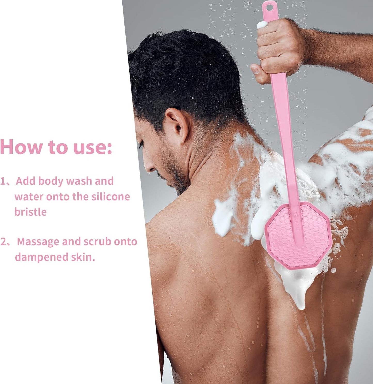 iTokGoK® Silver-Infused Silicone Back Scrubber with Long Handle Back Brush for Shower,Back Brush Long Handle for Men and Women,Ergonomic No-Slip Handle, Long-Lasting (Pink)