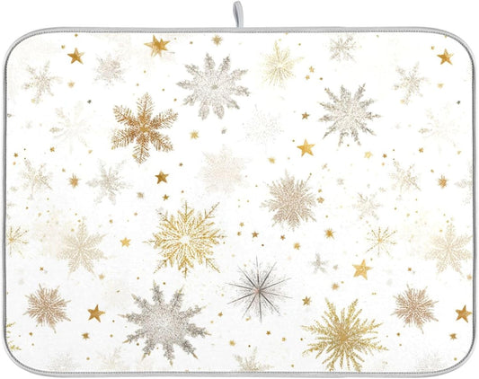 Winter Snowflake White Dish Drying Mat for Kitchen Countertop 16x18 Christmas Snow Golden Xmas Small Drying Mat Reusable Quick Dry Dish Sink Mats Easy Clean Decorative Essentials