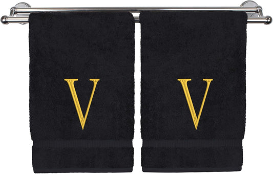 Monogrammed Hand Towel, Personalized Initial Gift, Extra Absorbent 100% Turkish Cotton - Soft Terry Finish - Set of 2 - Gold Block Initial V - Embroidered on Black Towels