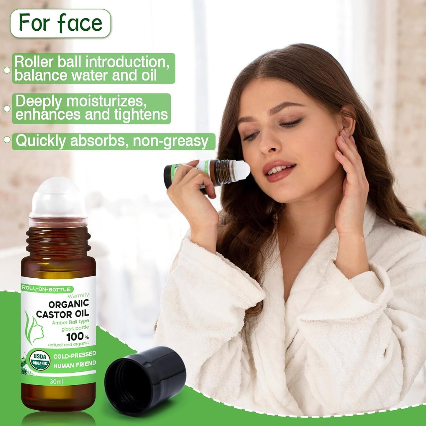 3-in-1 Castor Oil Roll on for Eye,Face,Body Skin,Certified Organic Cold Pressed Castor Oil Roller ball unrefined Glass Bottle,Precise & Mess-Free Application & Travel Friendly