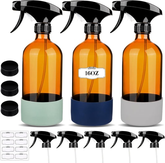 3 Pack/16 Oz Glass Spray Bottles, Refillable Empty Containers with Silicone Sleeve, Upgraded Adjustable Nozzle Spray Bottle Sets for Cleaning, Essential Oils, Hair (Amber)