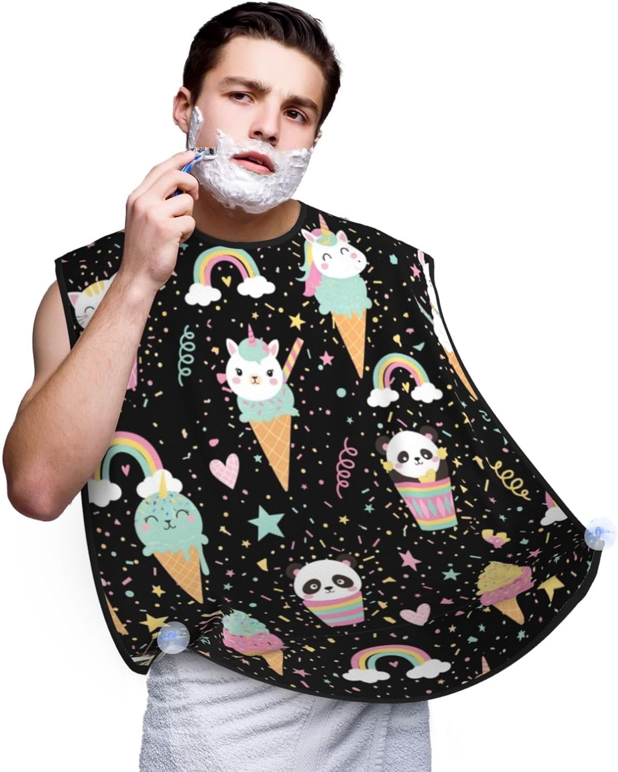 Beard Trimming Hair Catcher, Ice Cream Animals Cat Panda Unicorns Colorful Polka Dots Black Shave Bib, Non-Stick Bib Apron Waterproof, Shaving Tool for Men for Husband Father’s Day