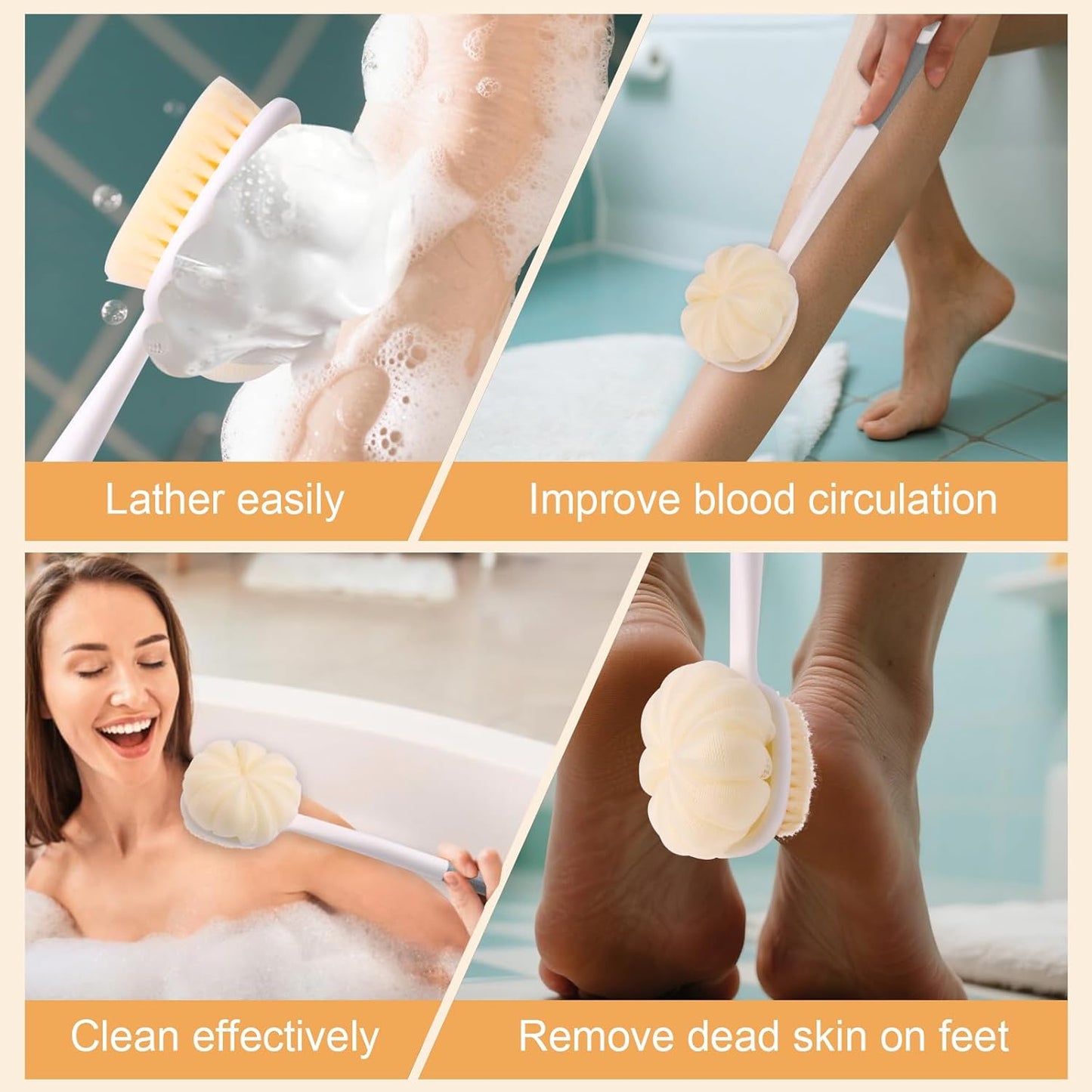 Long Handled Shower Brush for Cleaning Body,Double-Sided Bath Brush for Massage with Bristles and Loofah,Body Brush Exfoliator Mesh Sponge for Women and Men(Gray)