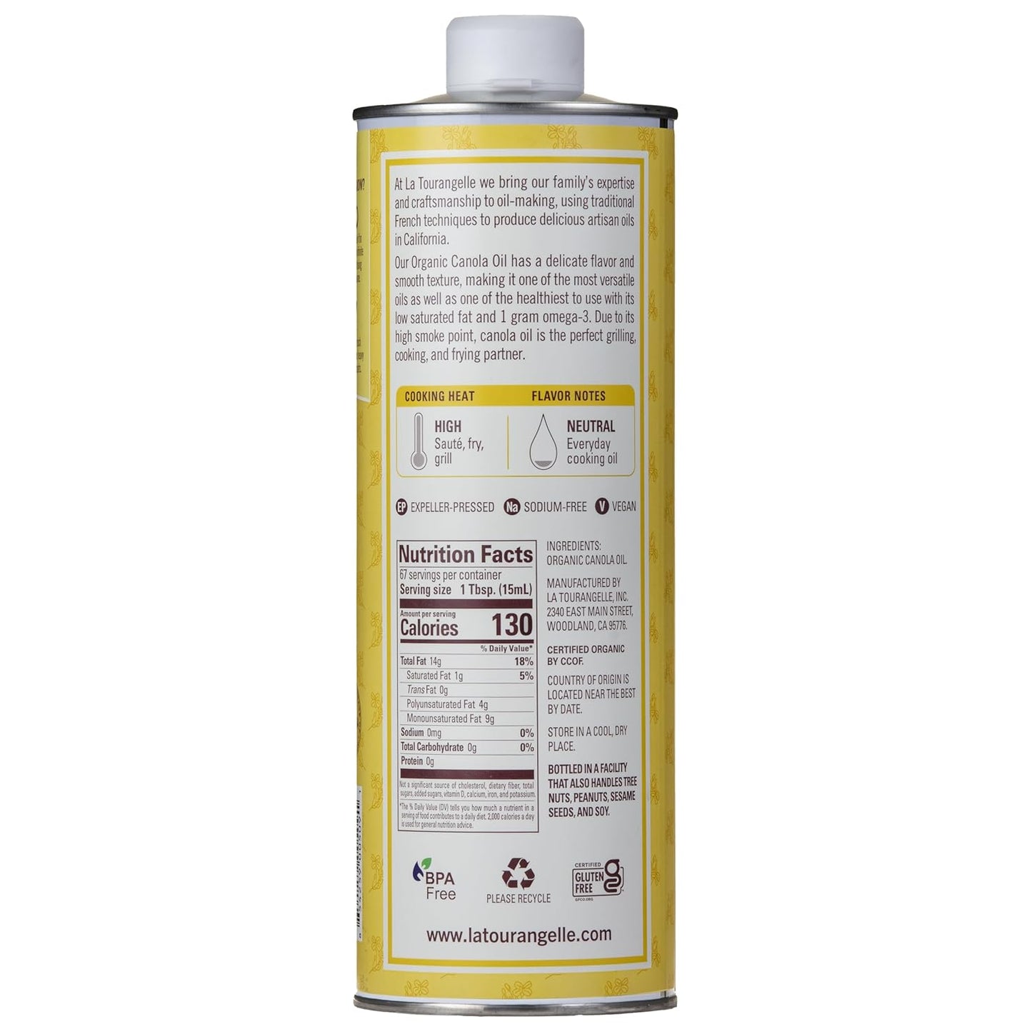 La Tourangelle, Organic Canola Oil, Expeller-Pressed Non-GMO Canola Seeds, Pesticide and Chemical Free, High Heat Neutral Cooking Oil, 33.8 fl oz