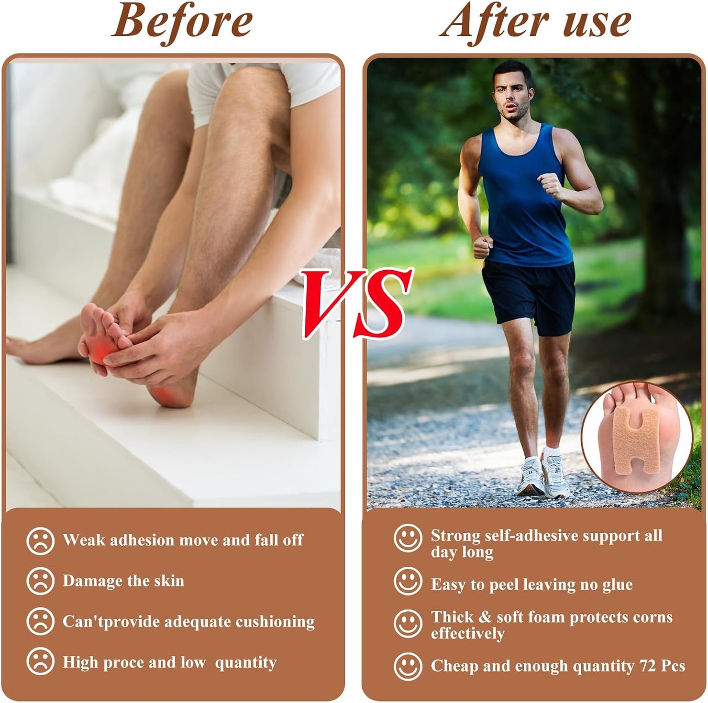 72Pcs H-Shape Callus Cushions Felt Corn Pads for Feet Self Stick Metatarsal Pads Foot Cushions for Pain Relief Callus Pads Keep Protecting Calluses from Rubbing on Shoes for Women Men Heel Pads