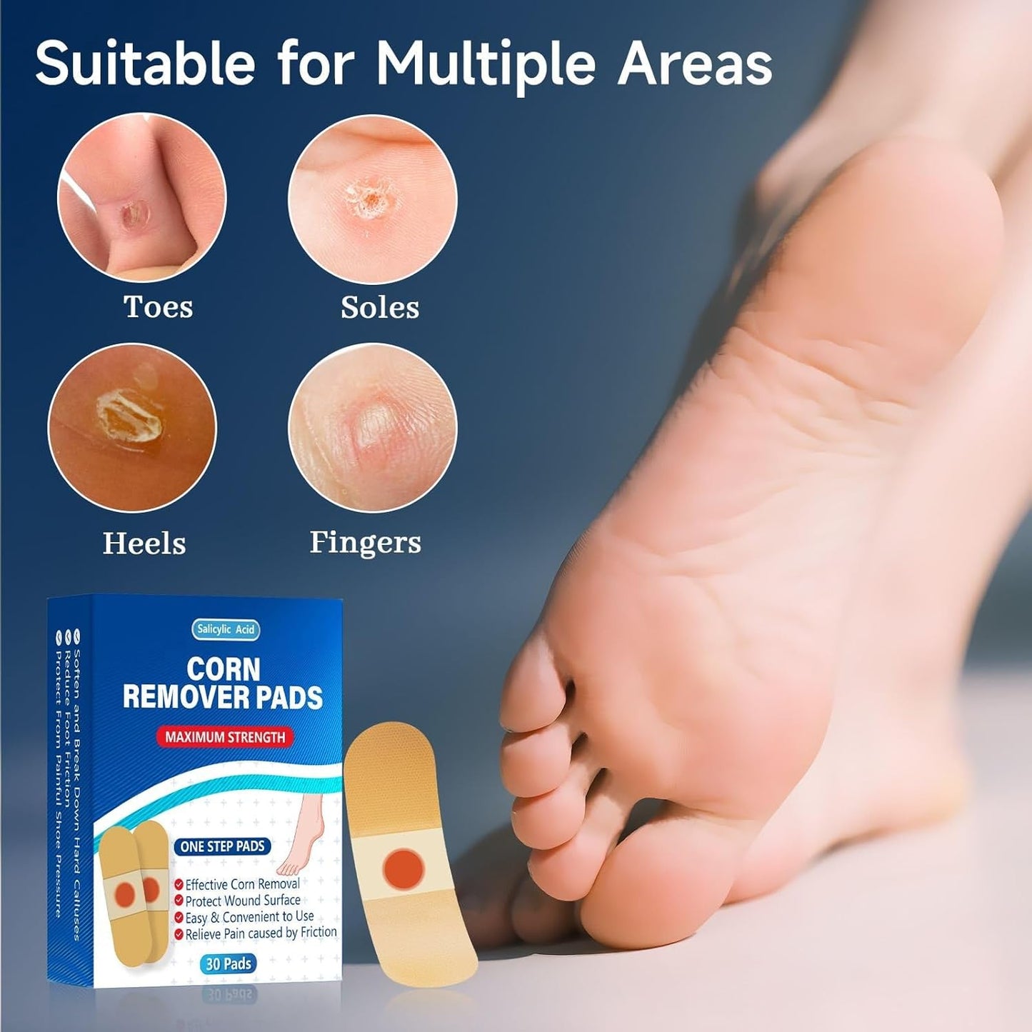 QIYANA Corn Remover Pads for Feet and Toes, 30 Pack Extra Strength 40% Salicylic Acid Medicated Patches, Effective Treatment for Small Callus and Dead Skin