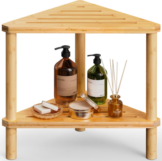 Bamboo Corner Shower Stool - Waterproof Shower Stool for Inside Shower, Shaving Legs & Small Spaces, 2-Tier Shower Foot Rest with Storage Shelf, Bath Seat & Corner Bench for Woman, Mom, Spa