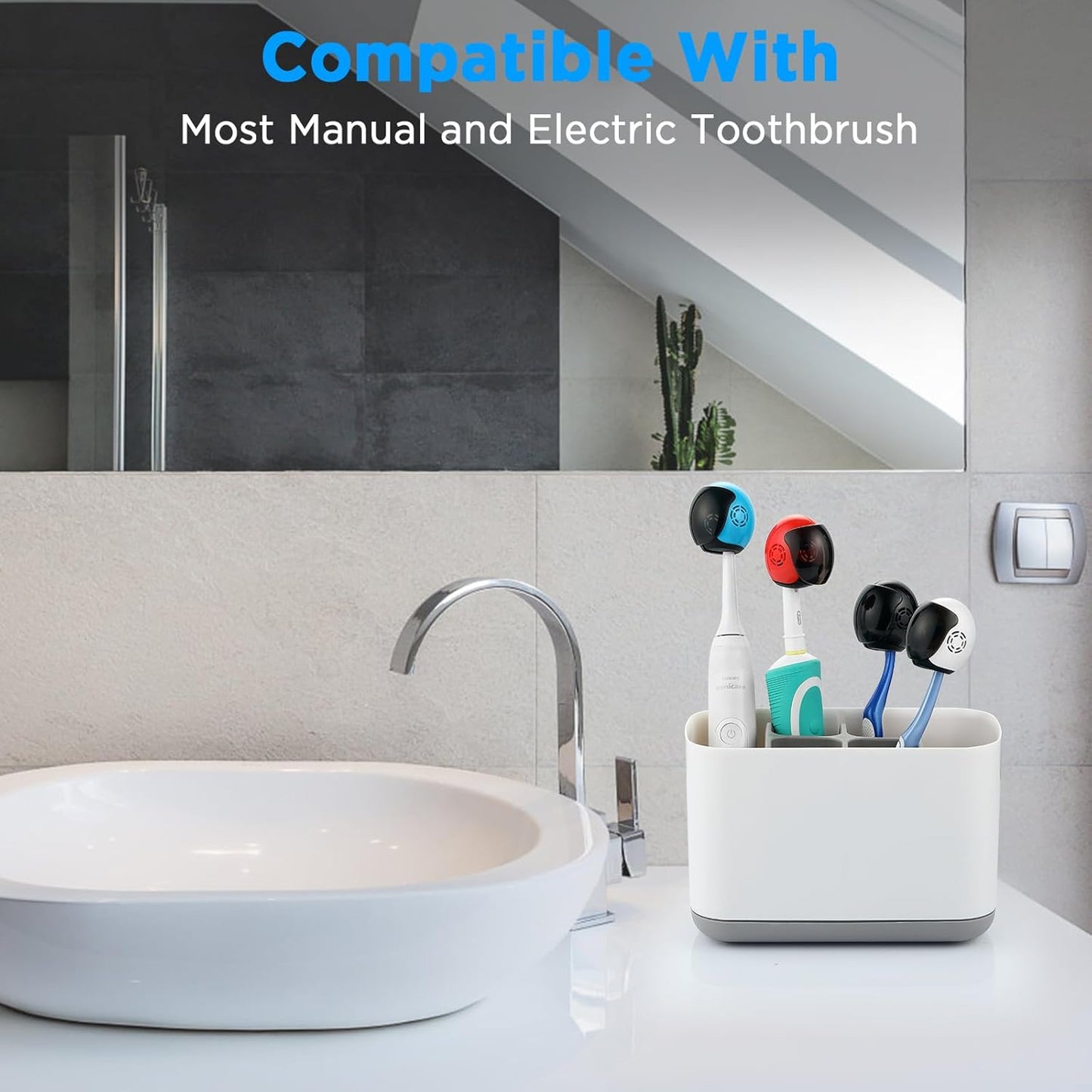 Helmet Toothbrush Covers Caps, Fits Most Manual and Electric Tooth Brushes, 4 Count (White, White, Grey, Black)