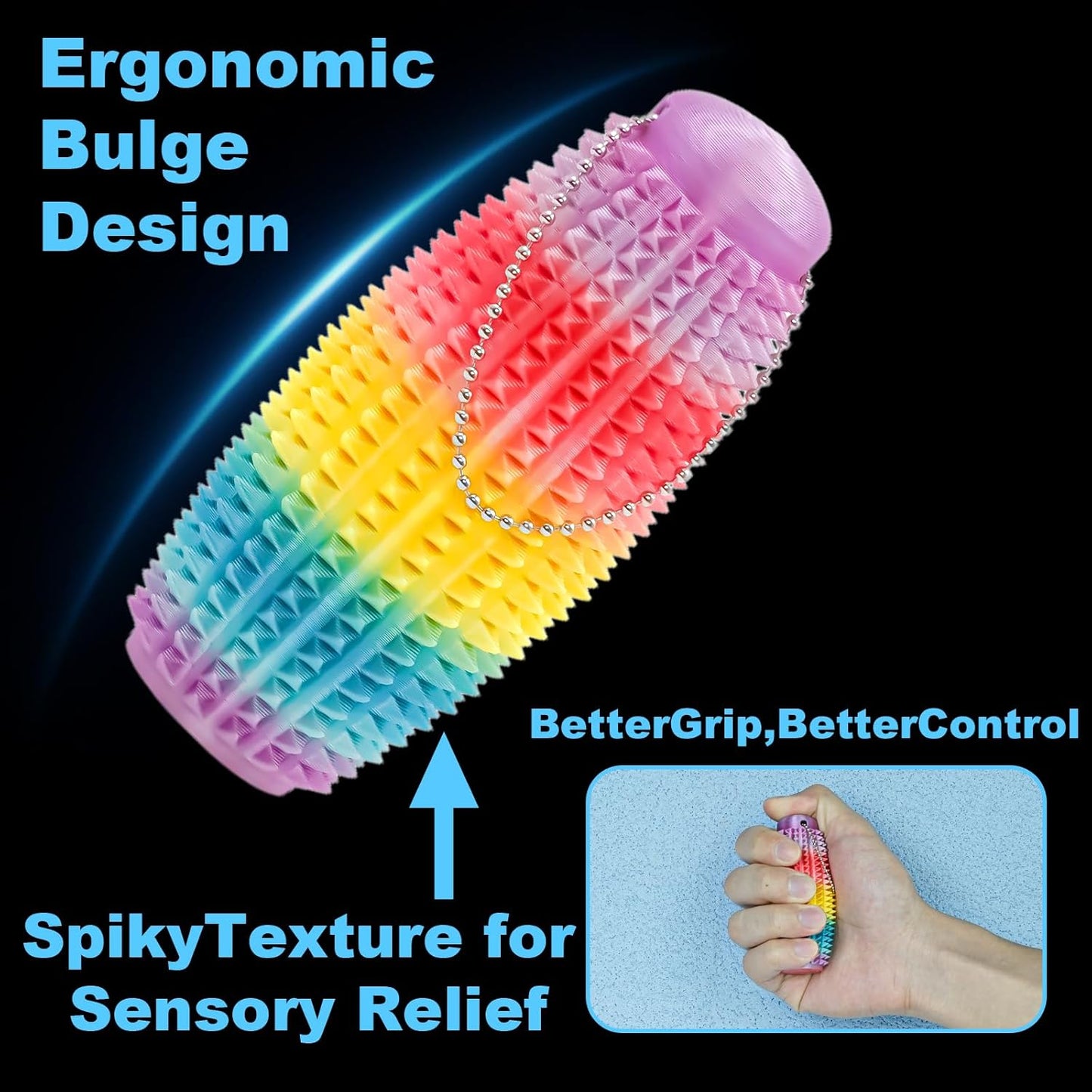 2 Pack Pain Stim Fidget Roller for Adults and Teens Spiky Sensory Hand Toy for Stress and Anxiety Relief, 3D Printed Discreet Keychain Fidget for Focus and Tactile Engagement(Black+Rainbow)