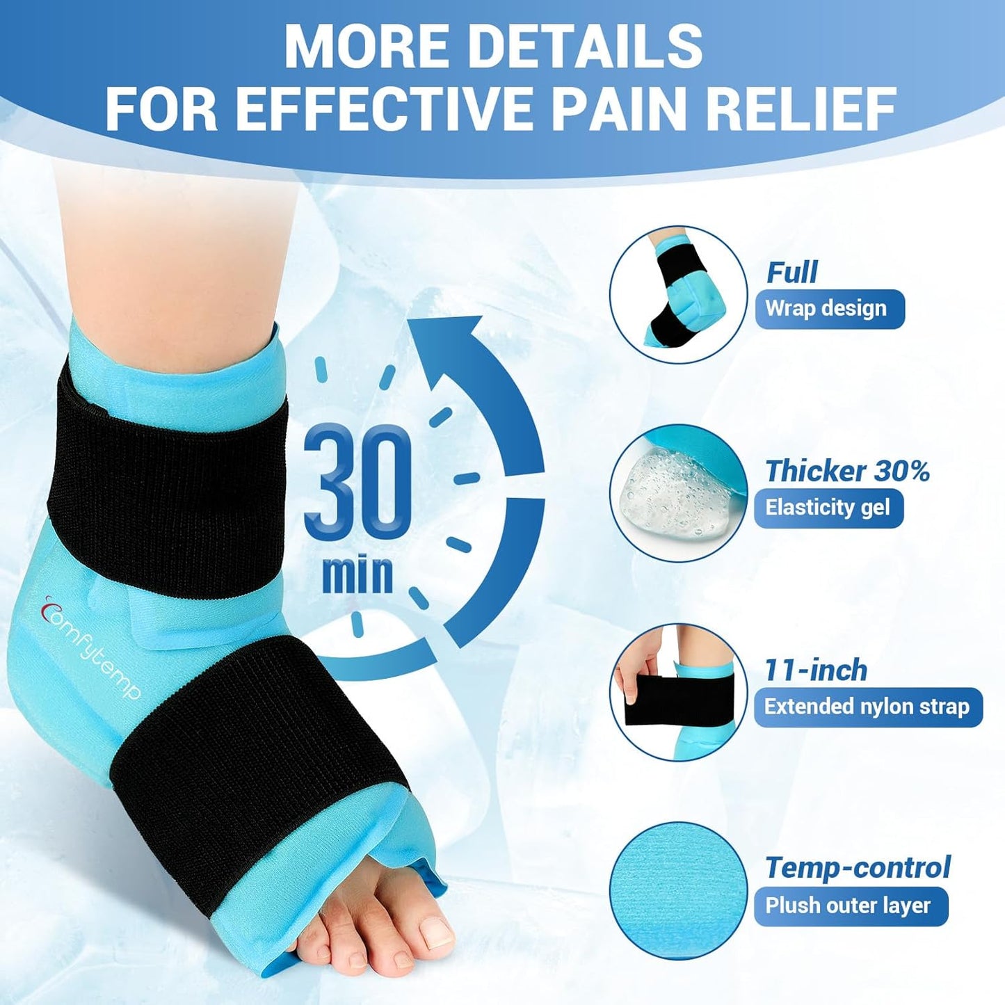 Comfytemp Large Ankle Foot Ice Pack Wrap for Plantar Fasciitis Relief, Ankles Brace for Sprained Ankle, Heel Spur, Swelling, Achilles Tendonitis, Pain, Hot & Cold Therapy, Surgery Get Well Gift, 2 Pcs