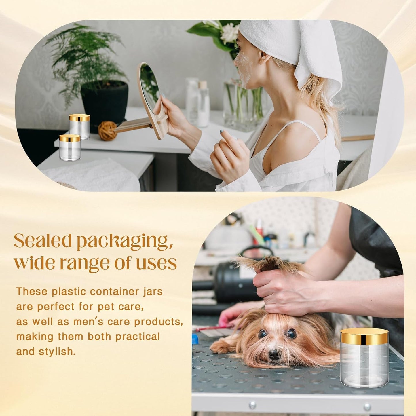 SATINIOR 12 Pack 16 oz Plastic Container Jars with Lids Round Clear Travel Cosmetic Container Slime Jars for Toiletries, Lotion, Cream, Ointments, Makeup, Rhinestone, Samples, Kitchen Storage(Gold)