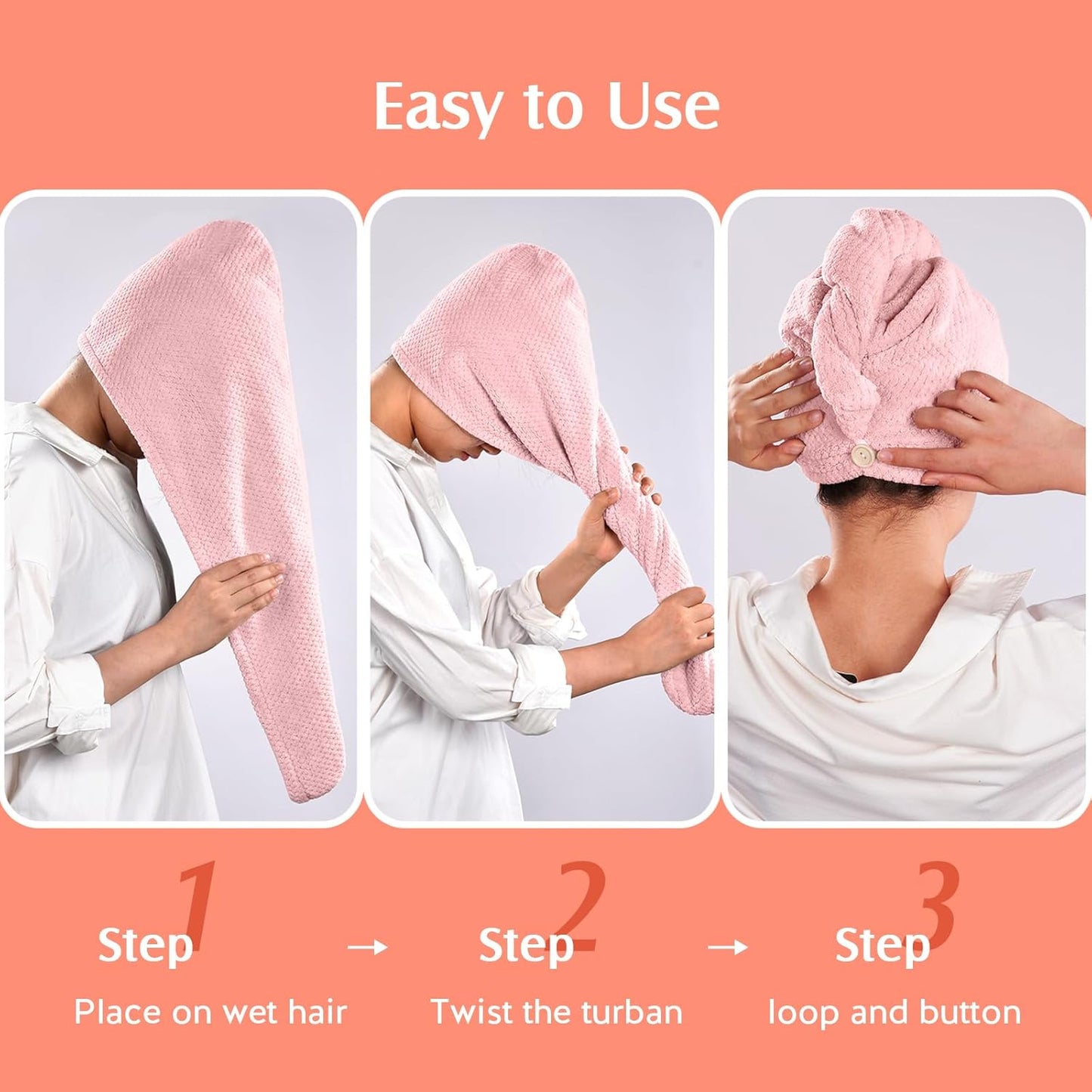 YFONG 2 Pack Microfiber Hair Towel Wrap for Women, Super Absorbent Quick Dry Hair Turban for All Hair Style Anti Frizz, Large Hair Drying Towel with Button