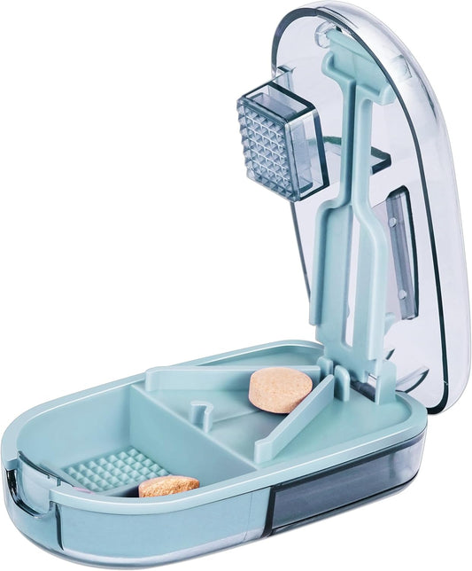 Pill Cutter Splitter for Small and Tiny Pills, or Large Pills. V-Shaped Design for Multiple Sizes. Safety Blade Guard. Loss-Proof Built-in Small Brush & Sliding Door Pill Storage (Sky)
