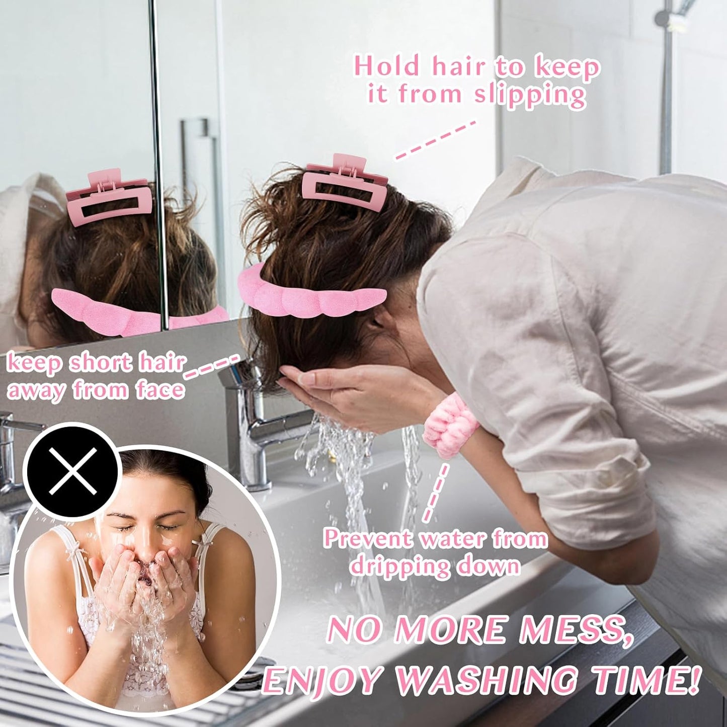 Wecoe Pink Blue Spa Headband And Wristband Set Skincare Headband For Washing Face Hair Claw Clips For Thick Hair Cute Puffy Sponge Bubble Makeup Hairband Wrist Towels Scrunchies For Women Girls