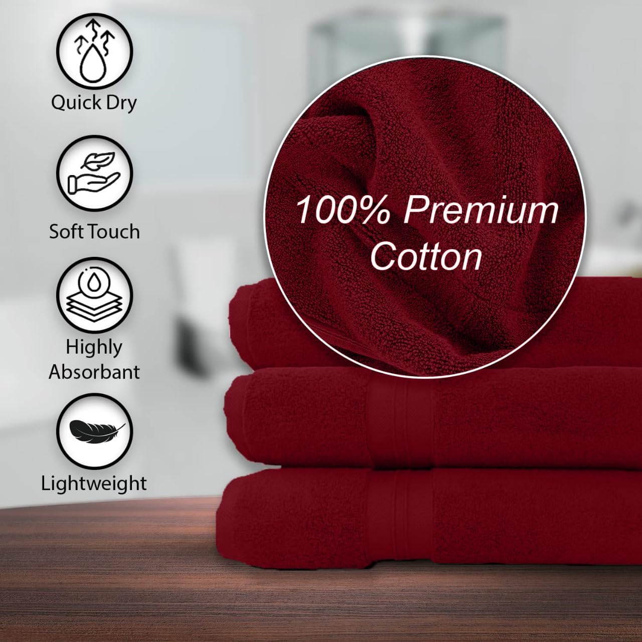100% Cotton Bath Towels, 24x48 Pack of 6 Towels, Quick Dry, Highly Absorbent, Soft Feel Towel, Gym, Spa, Bathroom, Shower, Pool, Luxury Soft Towels (Burgundy, 24x48-6 Pack)