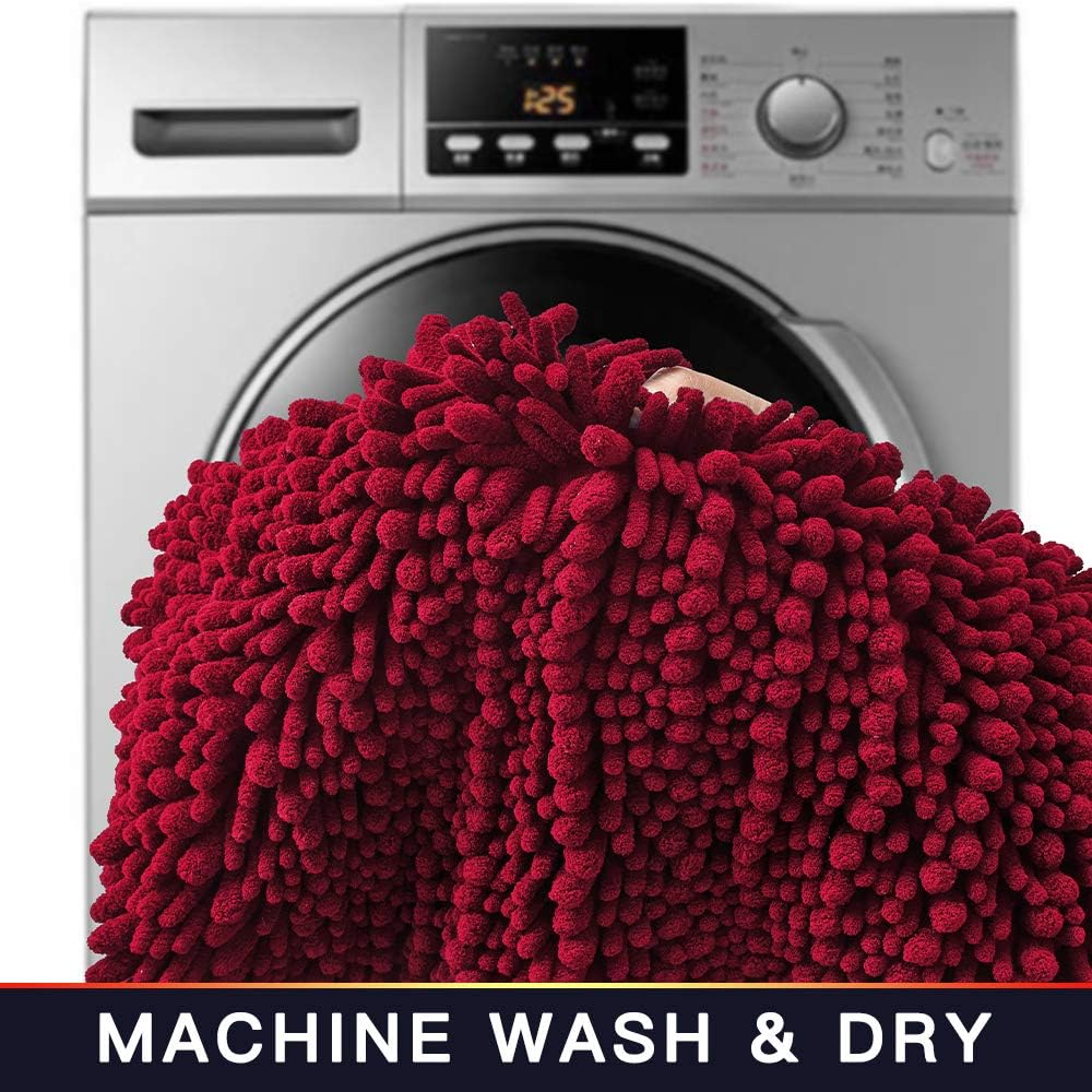 Walensee Large Bathroom Rug Non Slip Bath Mat (24x60 Inch Red) Water Absorbent Super Soft Shaggy Chenille Machine Washable Dry Extra Thick Perfect Absorbant Best Plush Carpet for Shower Floor