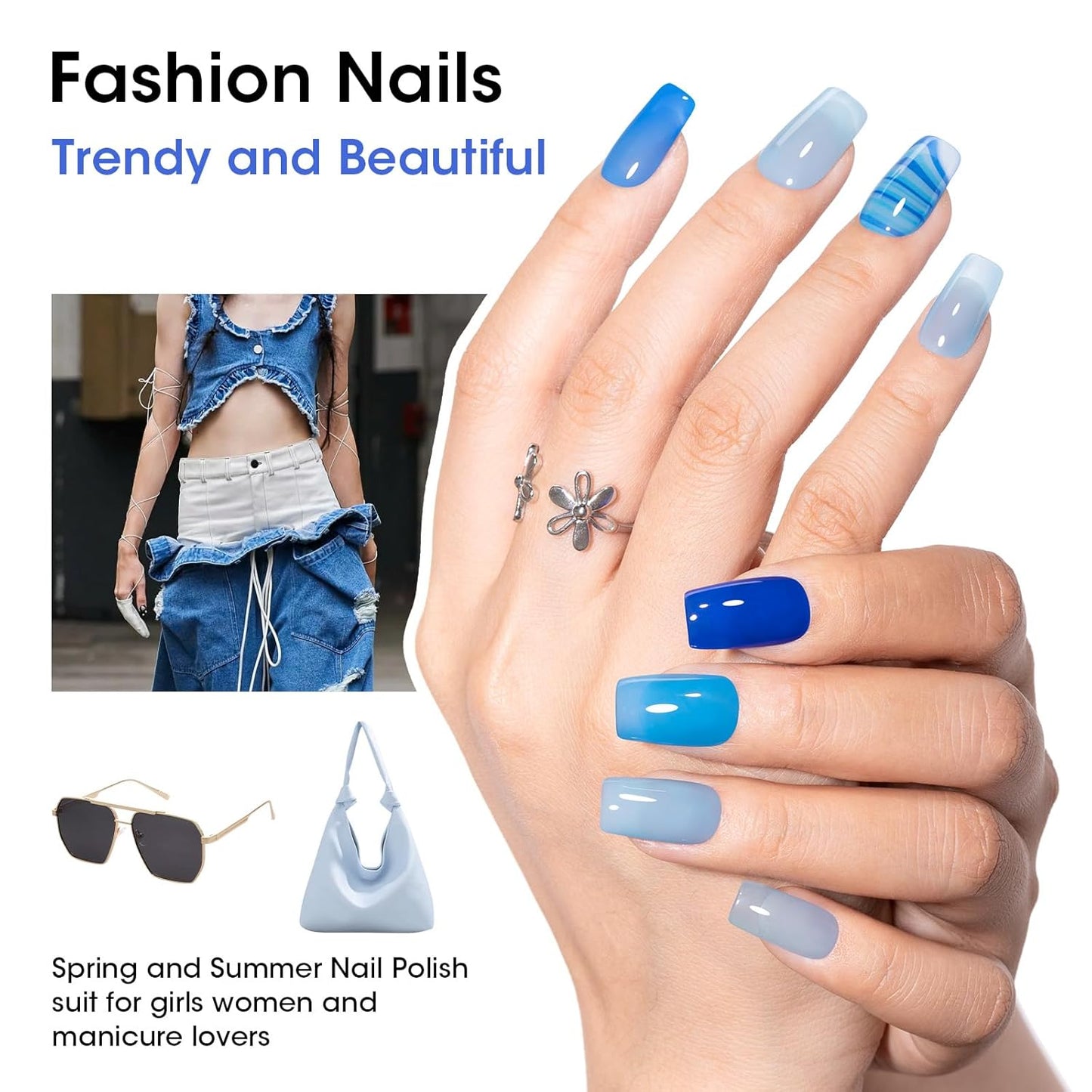 Gellen Blue Jelly Nail Polish, Sheer Nail Polish Quick Dry Summer 6 Colors Blue Glitter Set, Natural Traditional Regular Nails Polish for Acrylic Natural Nails Home Salon, No Gel, Hema Free, Non-toxic