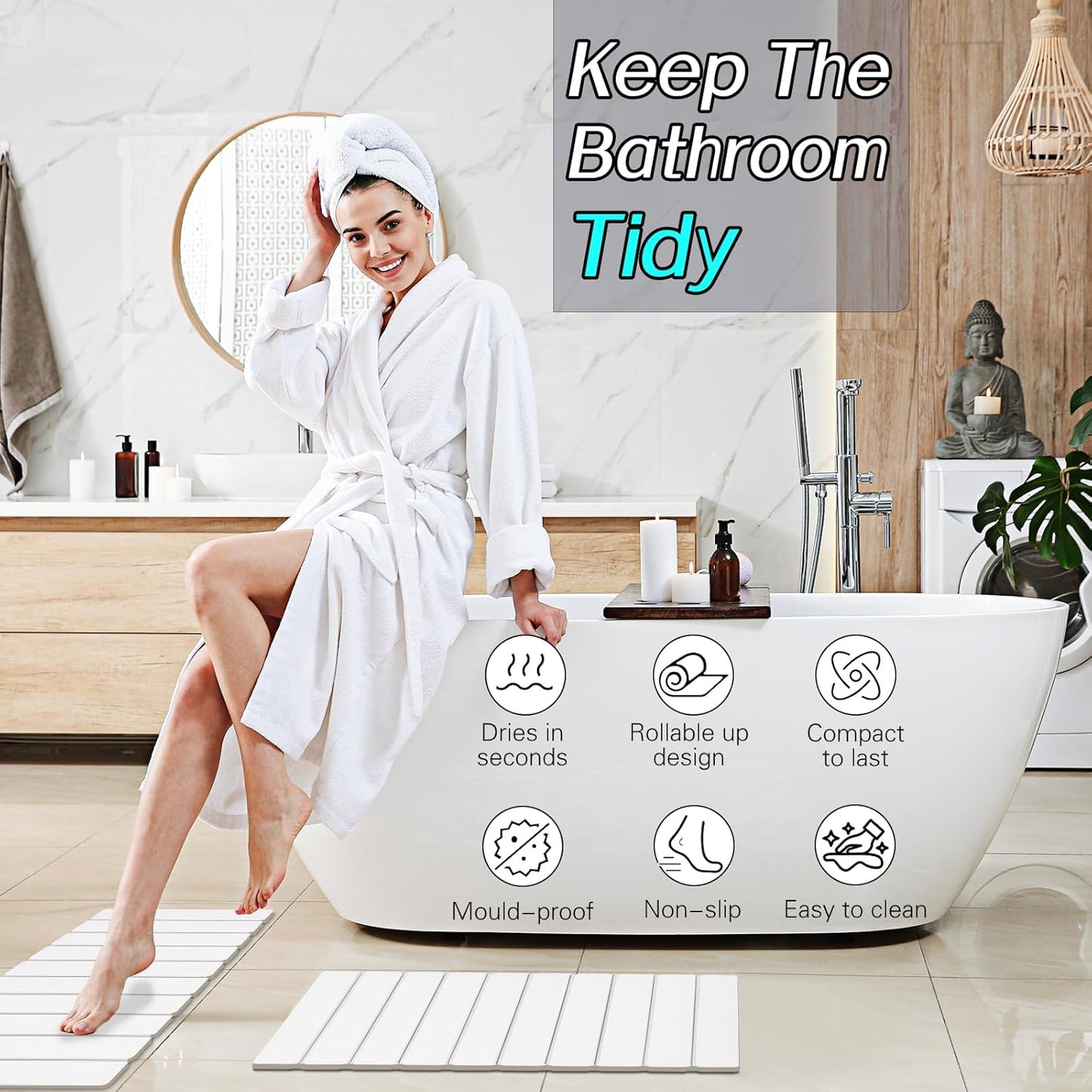 2 Pack Foldable Stone Bath Mats, White Super Absorbent Diatomaceous Earth Bath Rug, Non-Slip Shower Mat, Quick-Drying Bath Rug and Drying Mat for Tub and Shower