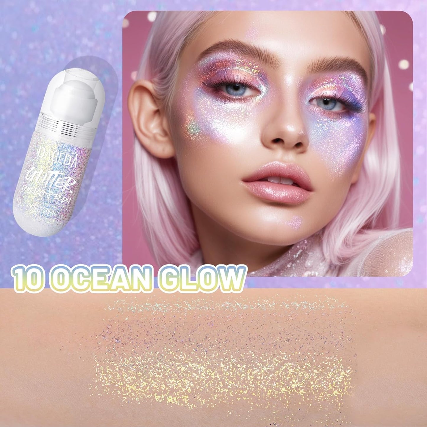 DAGEDA Body Glitter Gel, Roll-on Face Glitter for Mermaid Makeup Festival Rave Accessories, Holographic Hair Glitter Gel,Body Shimmer Halloween Makeup for Rave Party(Ocean Glow)