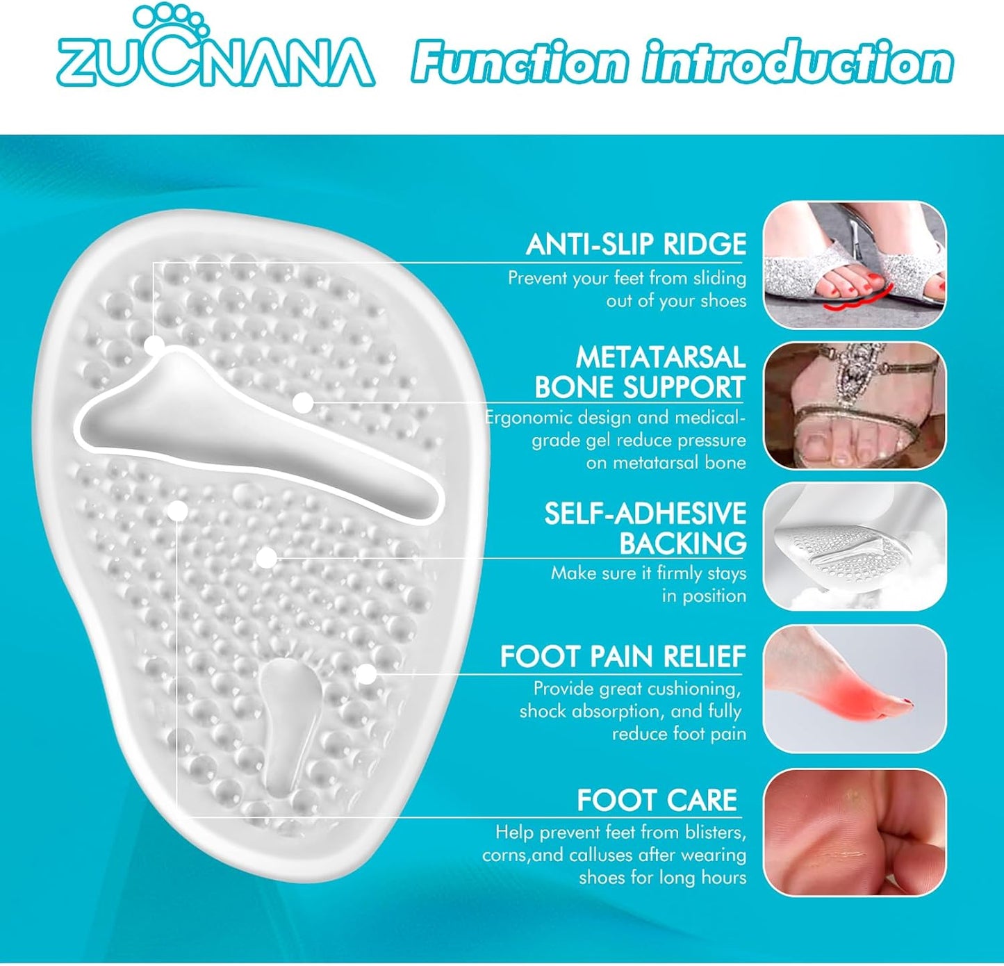 Ball of Foot Cushions (2 Pairs Gel Shoe Inserts), Heel Inserts for Women, Non Slip Heel Pads, Heel Cushions for Women Foot Pain Relief and Comfort, One Size Fits Any (Clear)
