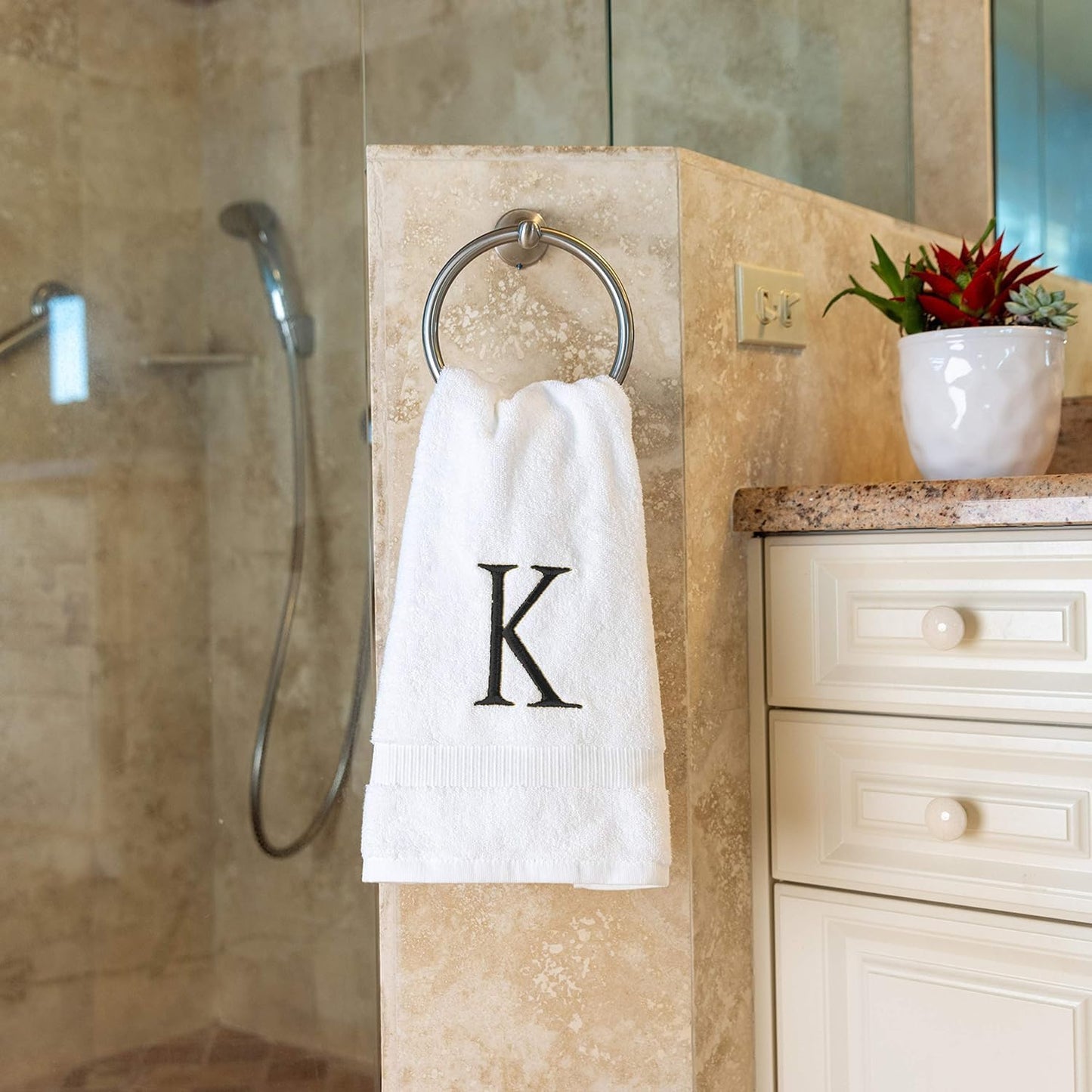 Dark Gray Monogrammed Hand Towels for Bathroom - White Luxury Hotel Quality Personalized Initial Decorative Embroidered Towel for Powder Room, Spa-GOTS Organic Certified - Pack of 2, Letter K